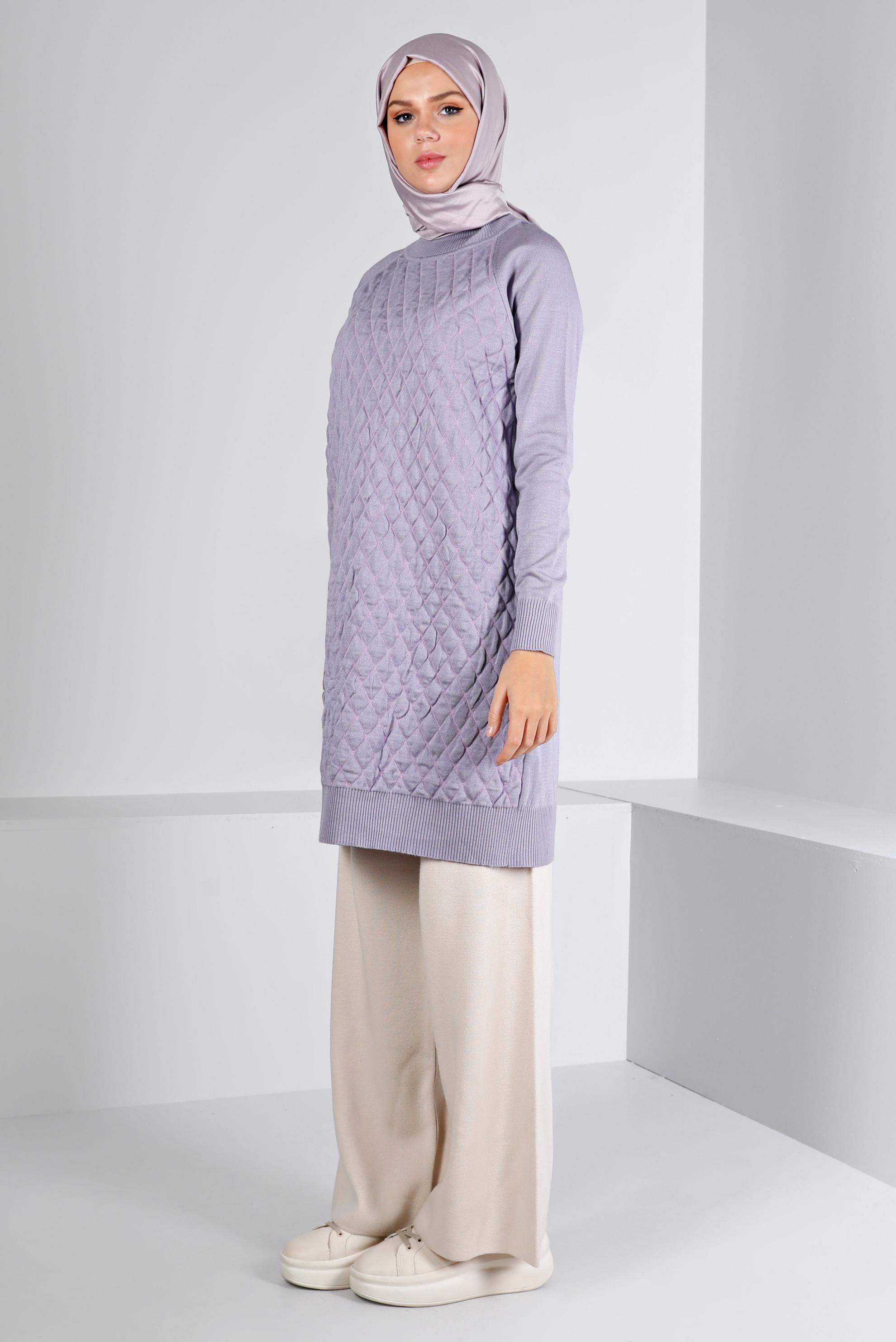 Tesettür giyim MOR KAPİTONE DESENLİ TRİKO TUNİK 43161