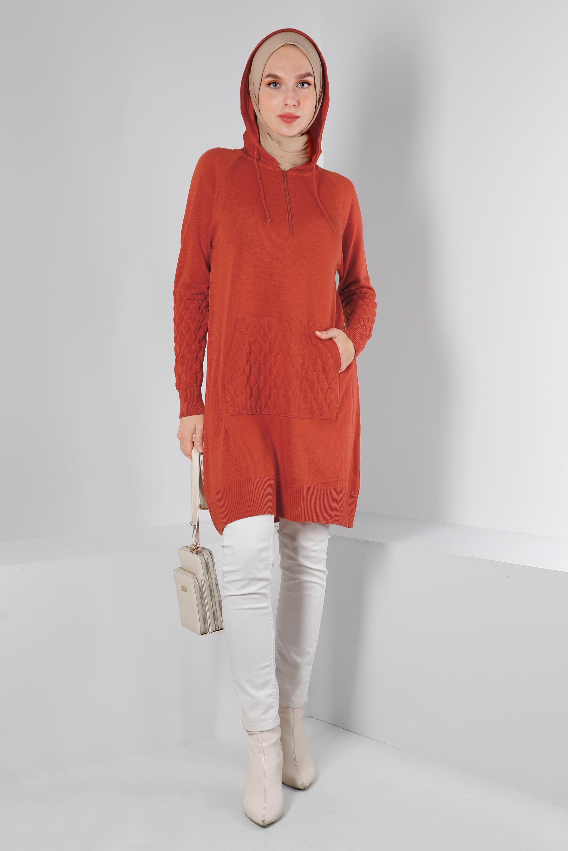 Tesettür giyim TURUNCU KAPİTONE DETAYLI KAPÜŞONLU TRİKO TUNİK 43162