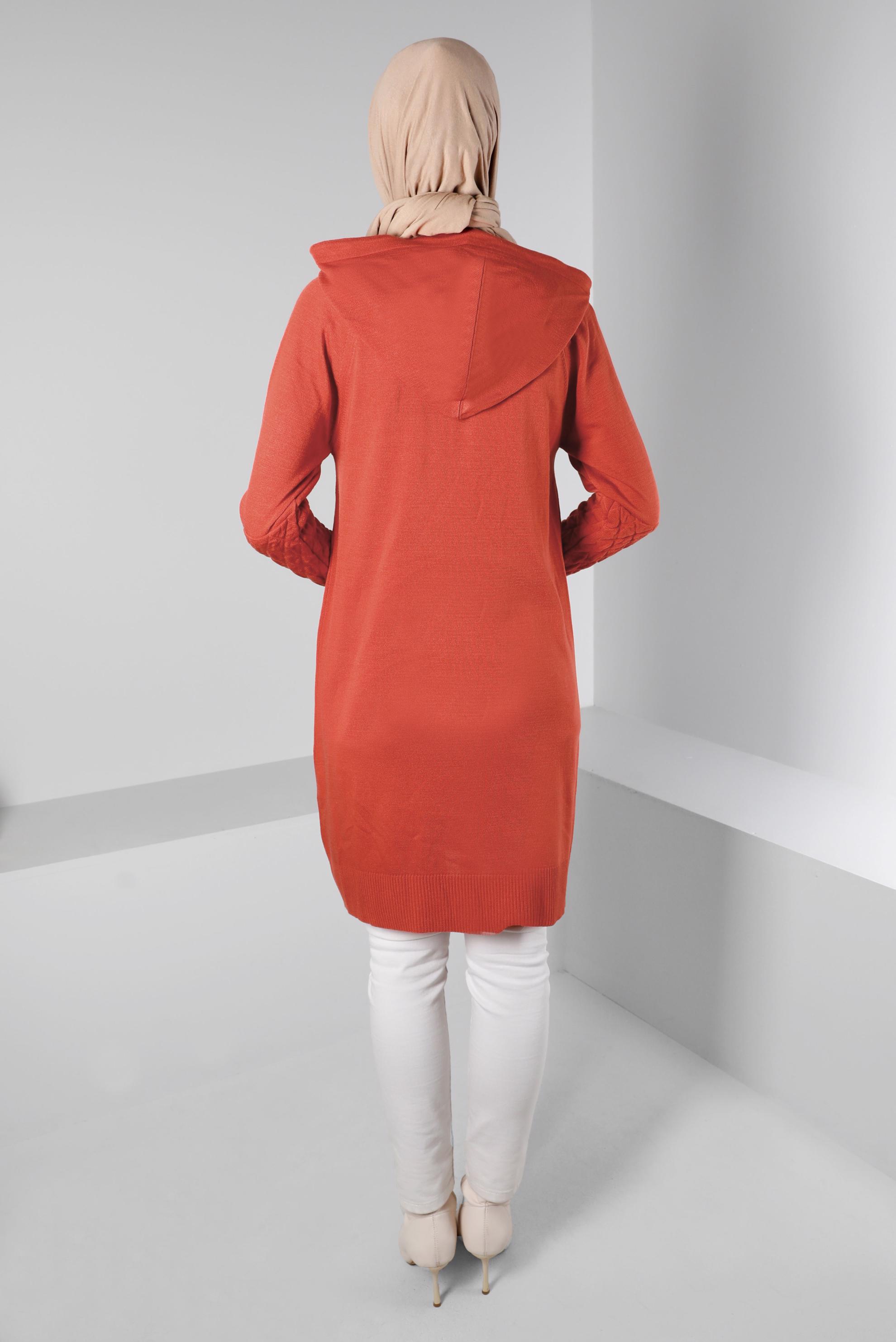 Tesettür giyim TURUNCU KAPİTONE DETAYLI KAPÜŞONLU TRİKO TUNİK 43162