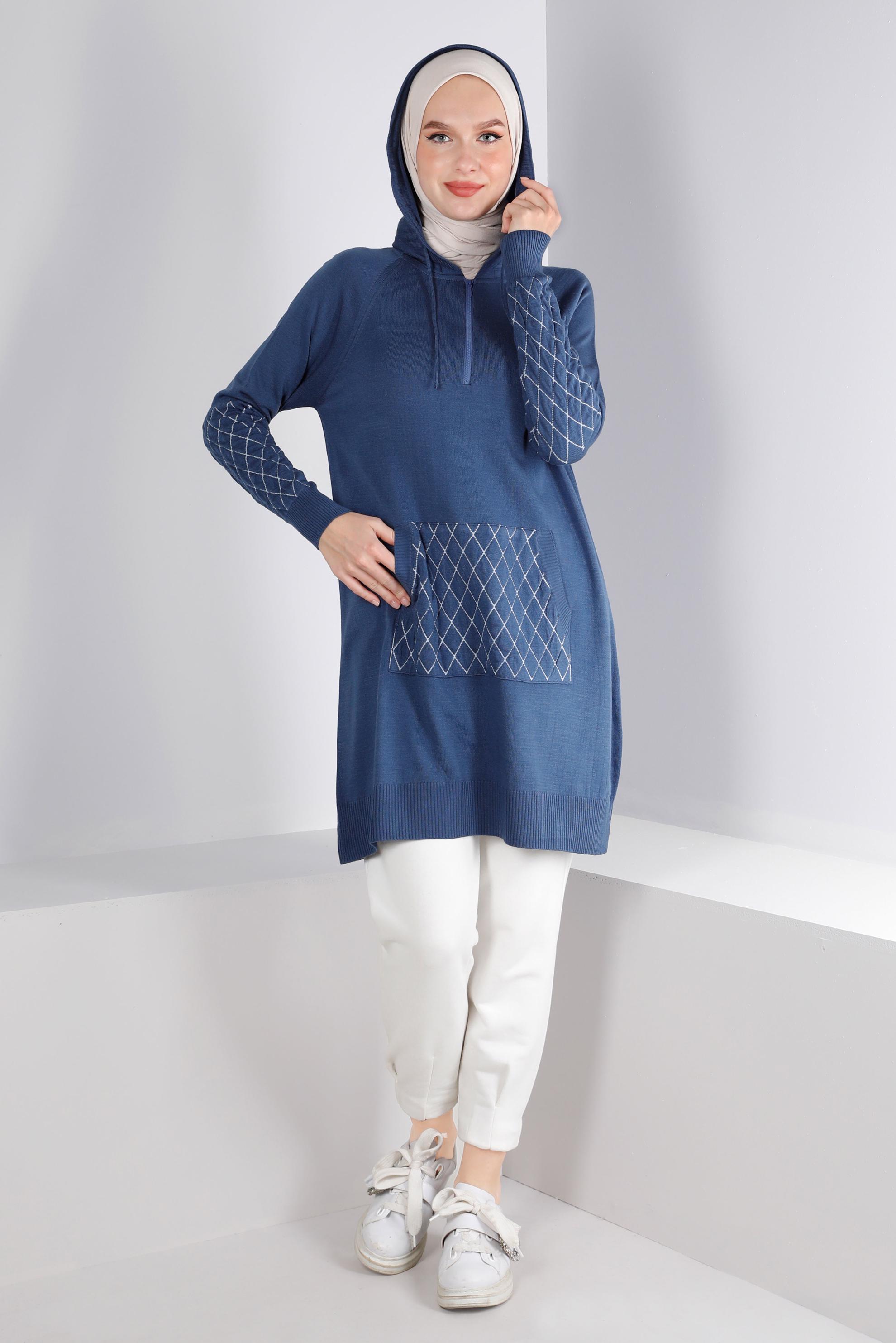 Tesettür giyim LACİVERT KAPİTONE DETAYLI KAPÜŞONLU TRİKO TUNİK 43162