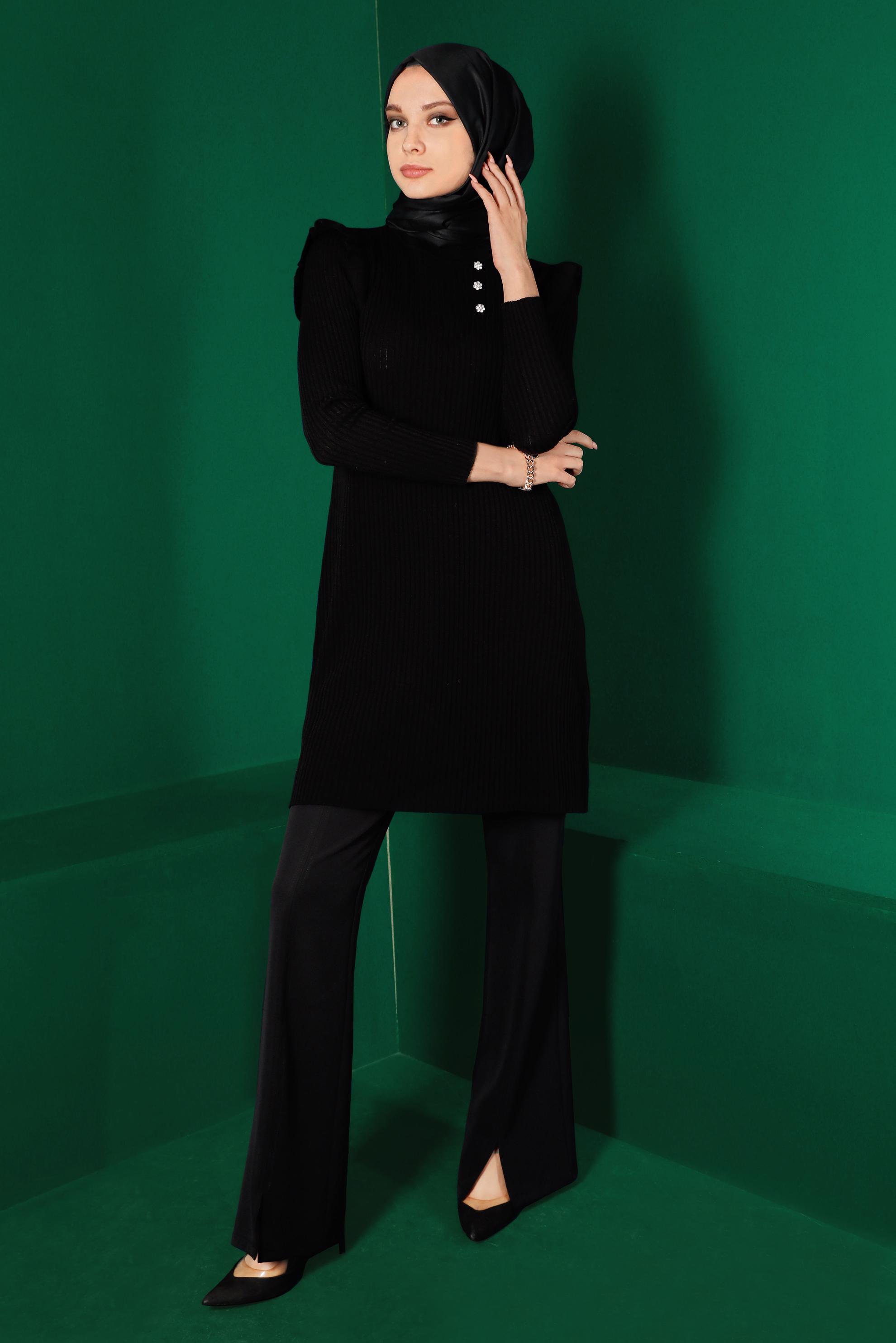 Tesettür giyim SİYAH TAŞLI FIRFIRLI TRİKO TUNİK 43163