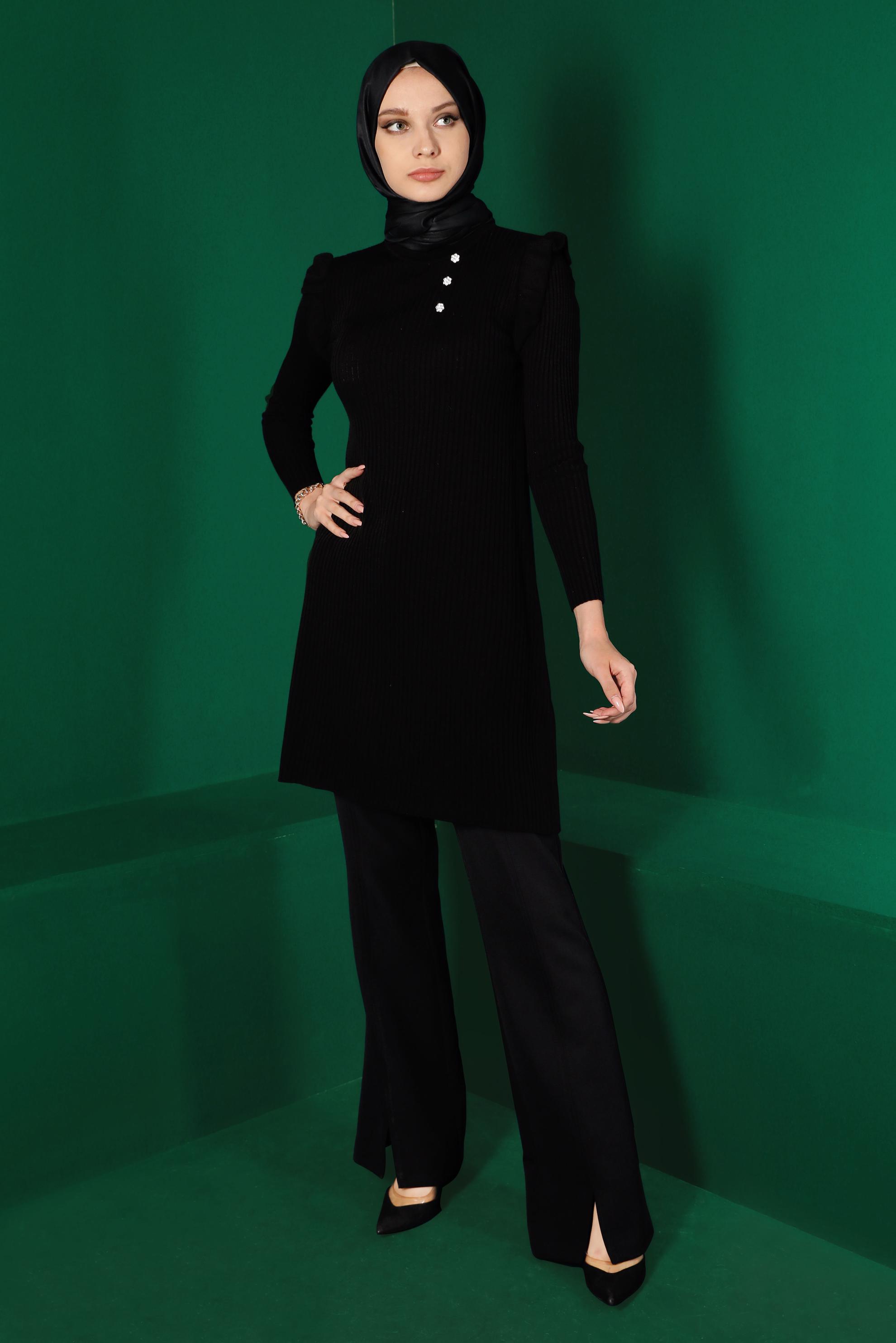 Tesettür giyim SİYAH TAŞLI FIRFIRLI TRİKO TUNİK 43163