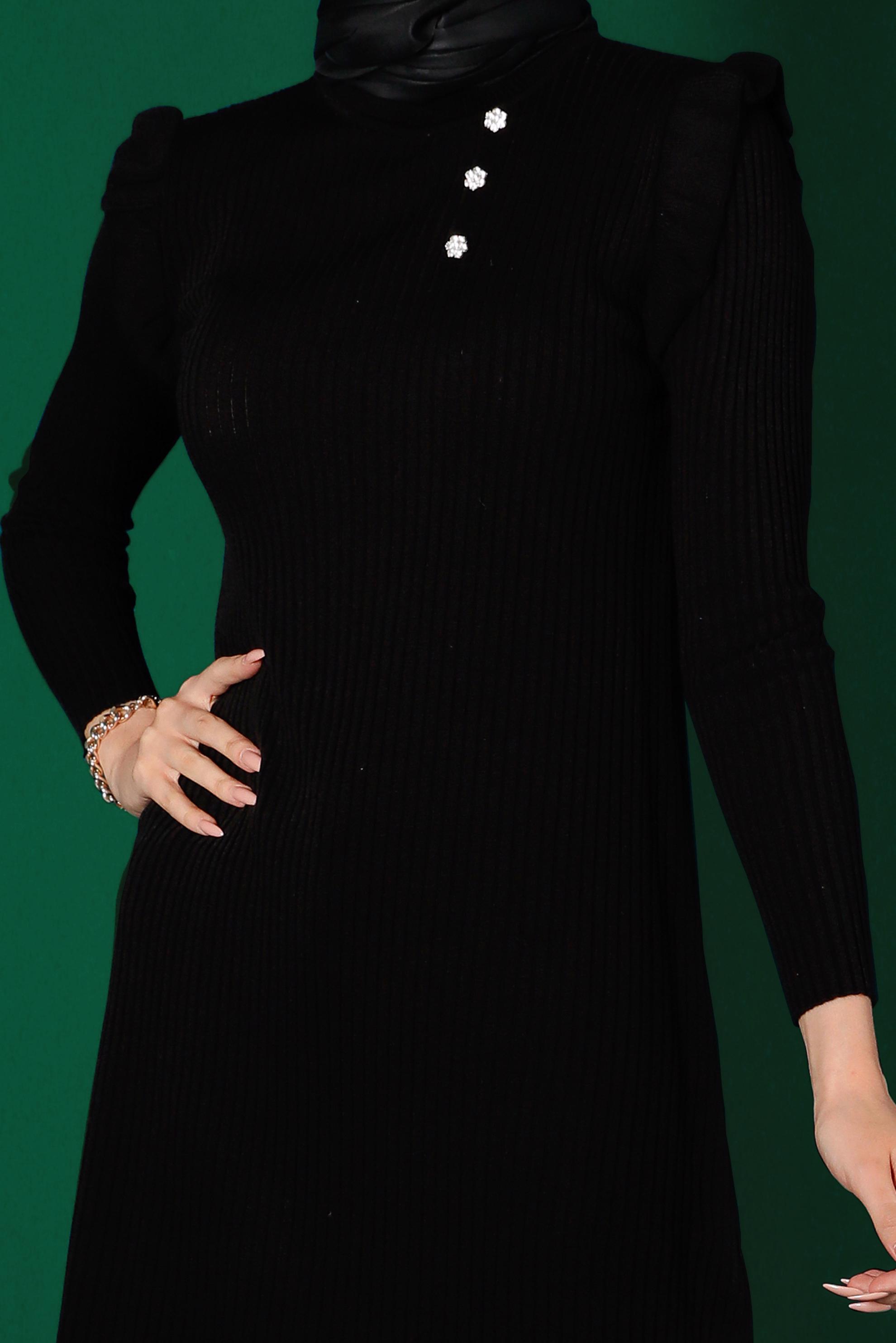 Tesettür giyim SİYAH TAŞLI FIRFIRLI TRİKO TUNİK 43163