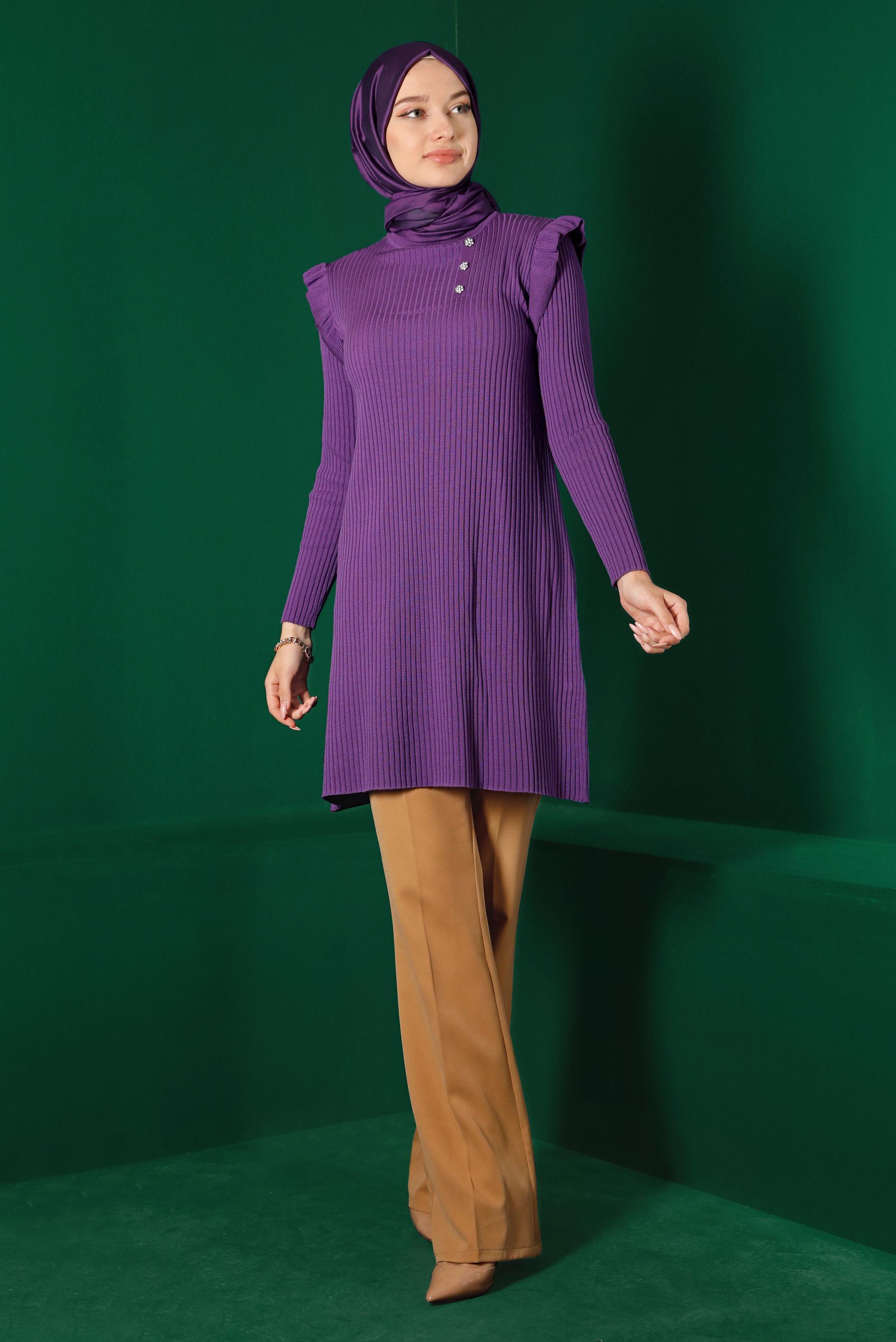 Tesettür giyim MOR TAŞLI FIRFIRLI TRİKO TUNİK 43163