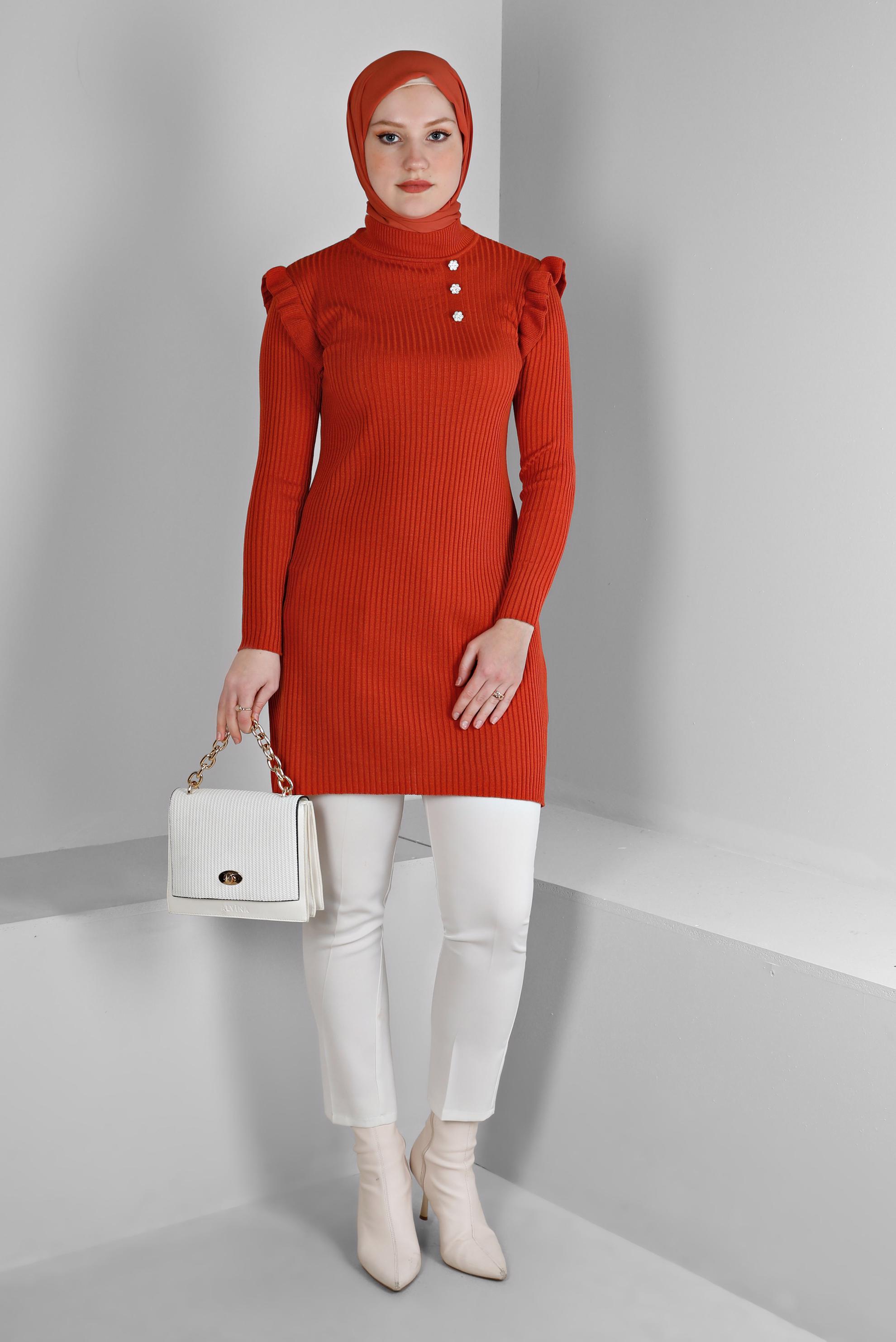 Tesettür giyim TURUNCU TAŞLI FIRFIRLI TRİKO TUNİK 43163