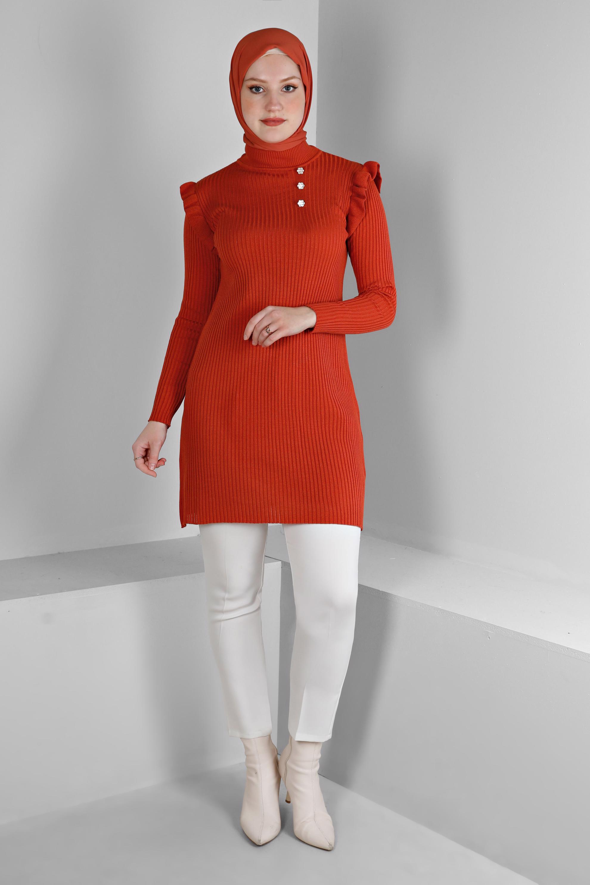 Tesettür giyim TURUNCU TAŞLI FIRFIRLI TRİKO TUNİK 43163