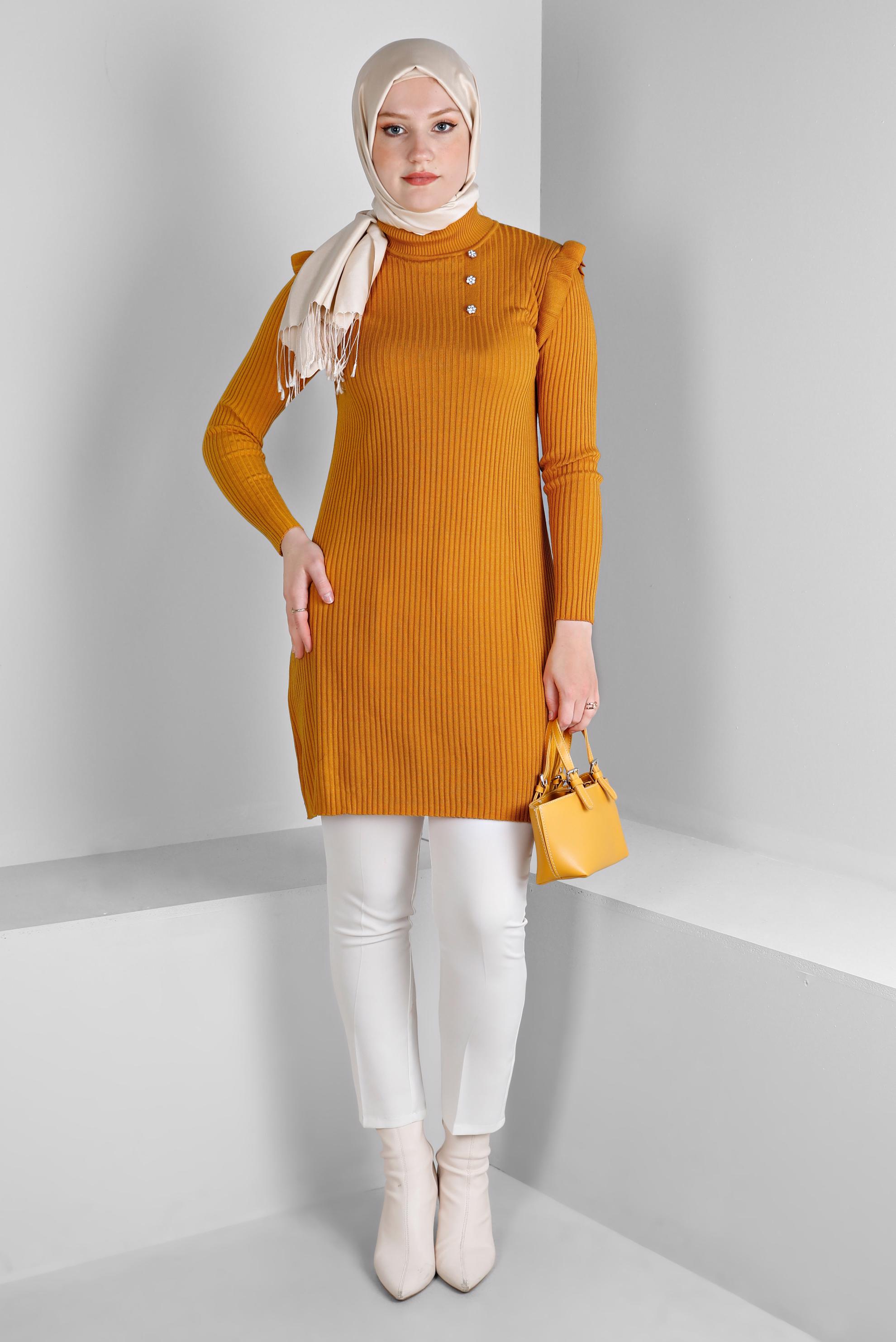 Tesettür giyim SARI TAŞLI FIRFIRLI TRİKO TUNİK 43163