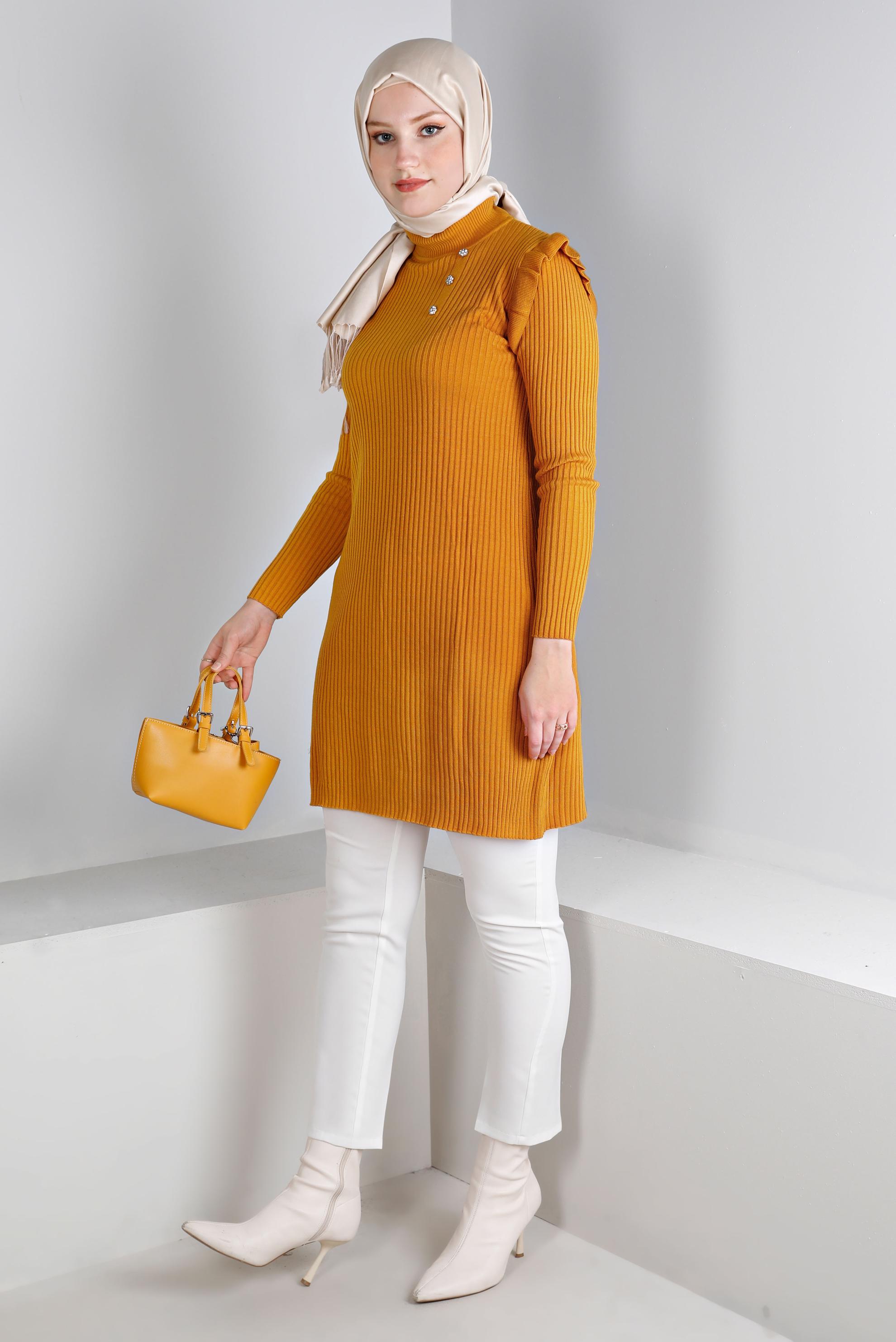 Tesettür giyim SARI TAŞLI FIRFIRLI TRİKO TUNİK 43163