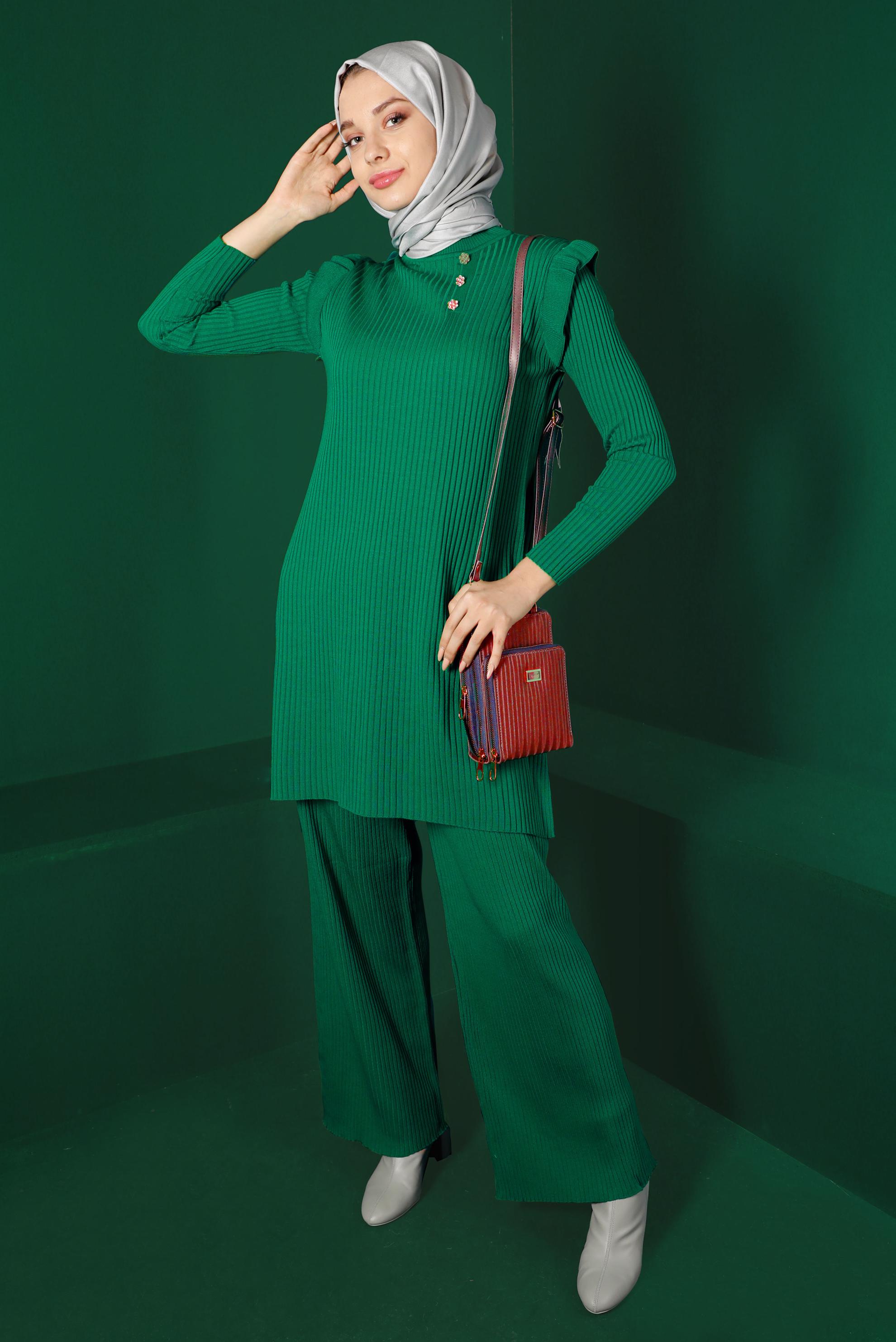 Tesettür giyim YEŞİL TAŞLI FIRFIRLI TRİKO TUNİK 43163