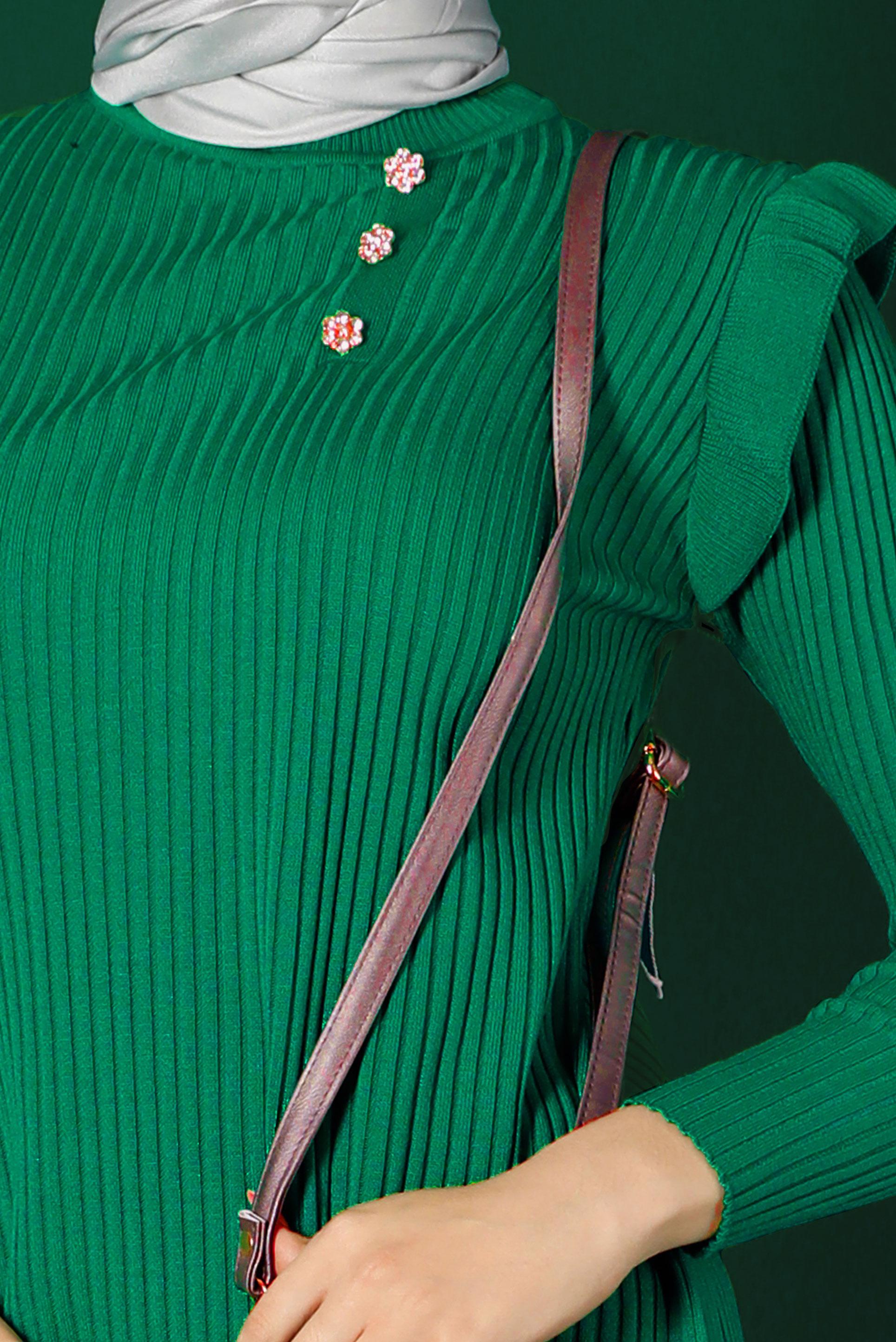 Tesettür giyim YEŞİL TAŞLI FIRFIRLI TRİKO TUNİK 43163