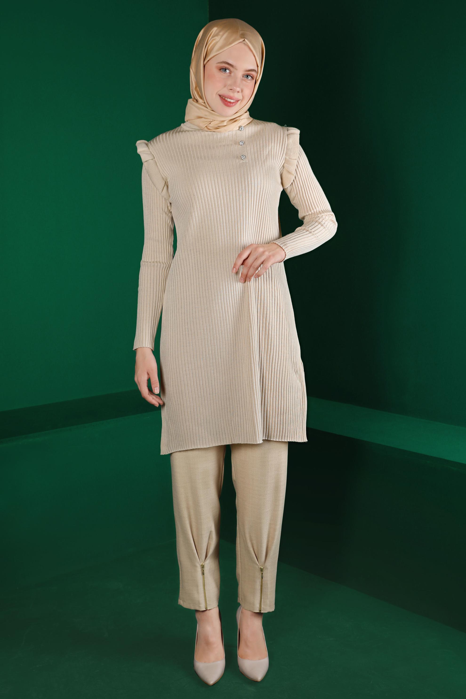 Tesettür giyim BEJ TAŞLI FIRFIRLI TRİKO TUNİK 43163