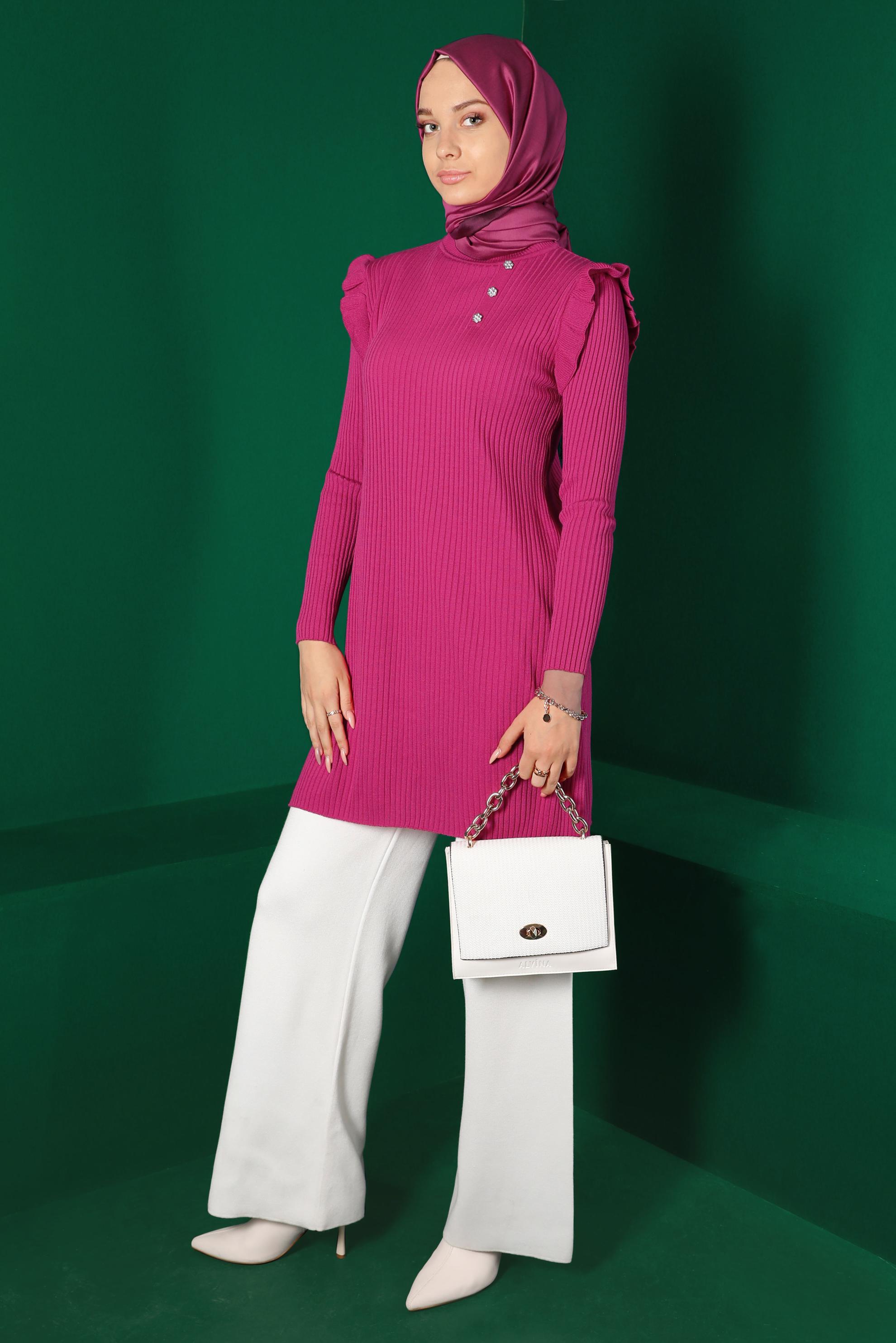 Tesettür giyim FUŞYA TAŞLI FIRFIRLI TRİKO TUNİK 43163