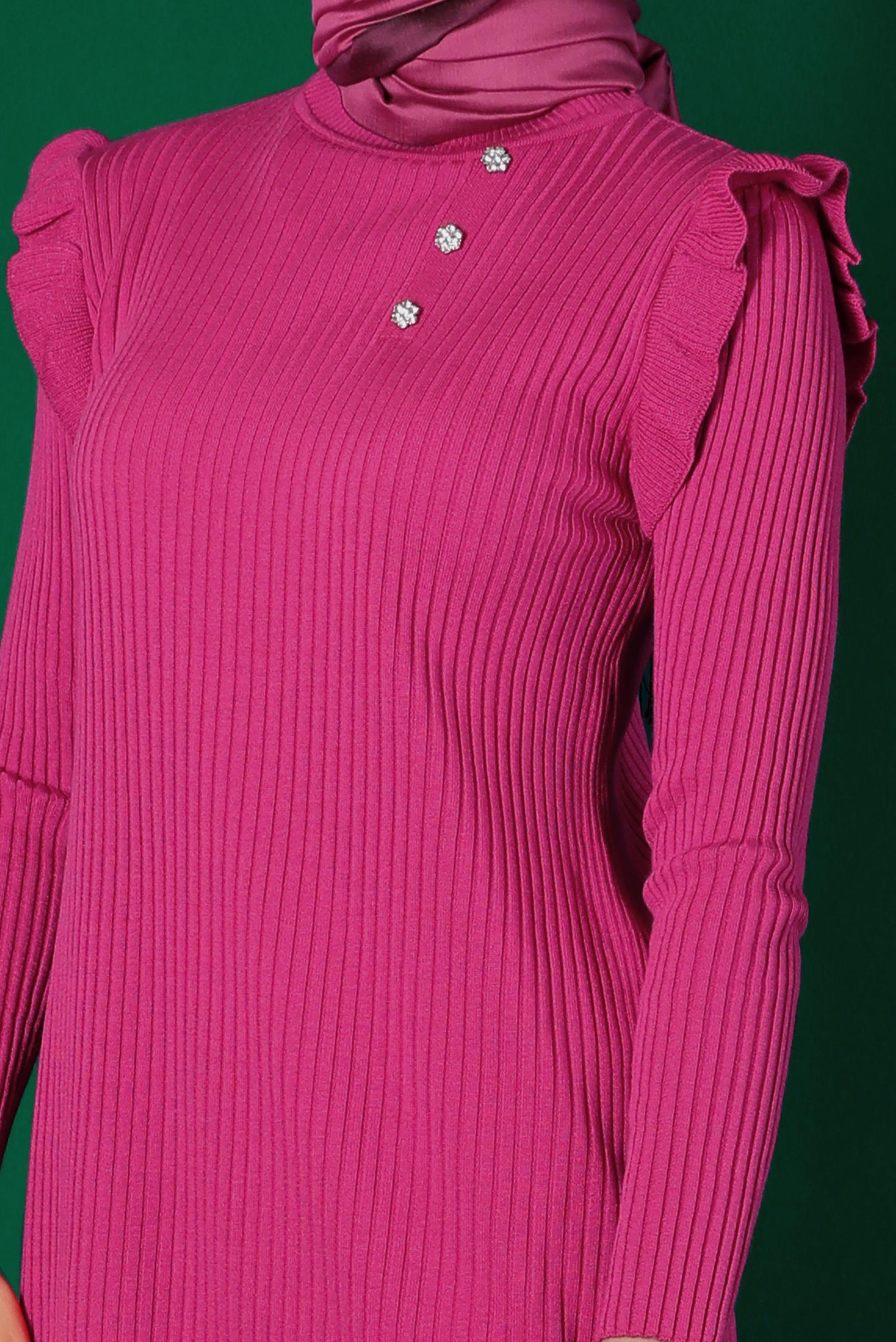 Tesettür giyim FUŞYA TAŞLI FIRFIRLI TRİKO TUNİK 43163