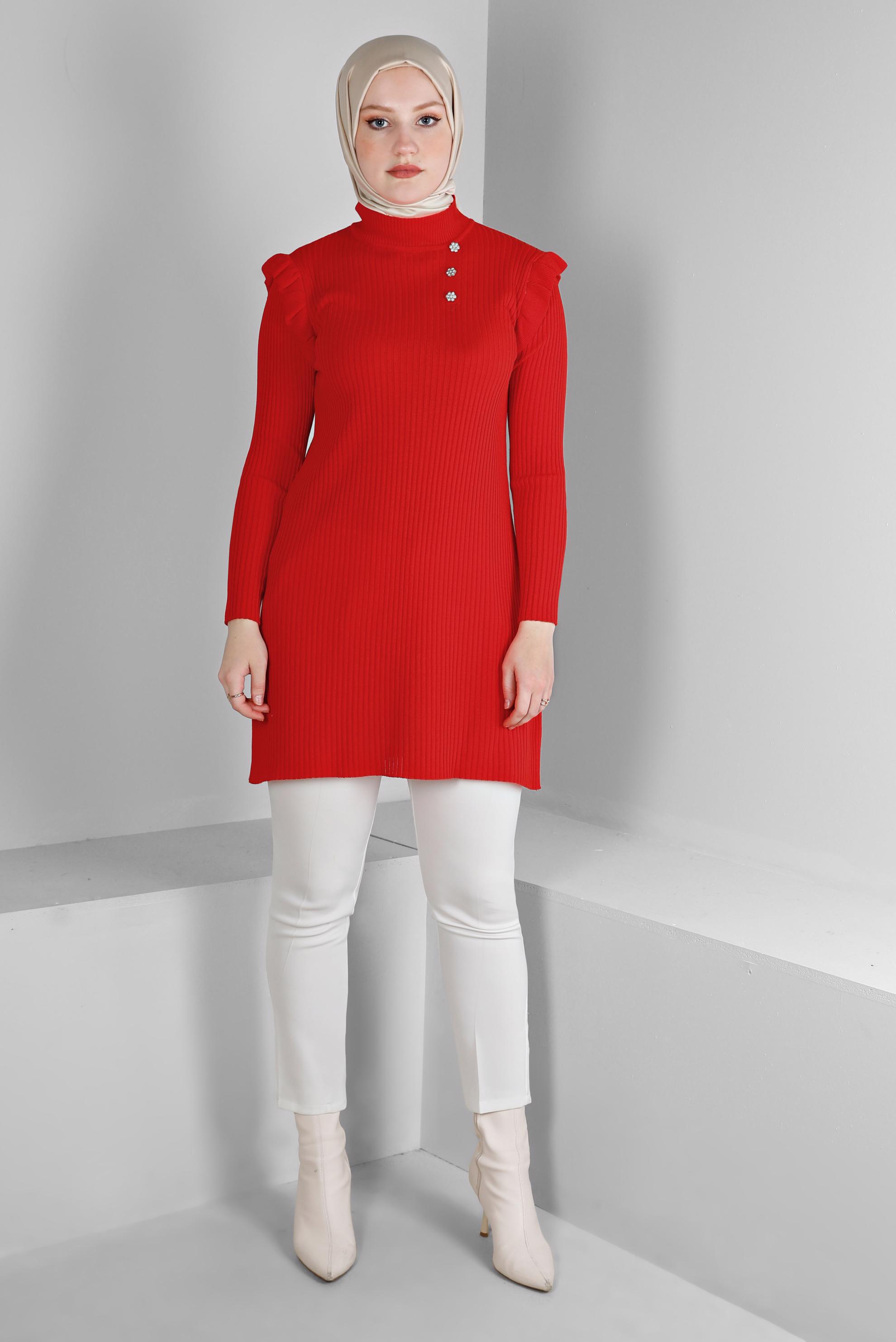 Tesettür giyim KIRMIZI TAŞLI FIRFIRLI TRİKO TUNİK 43163