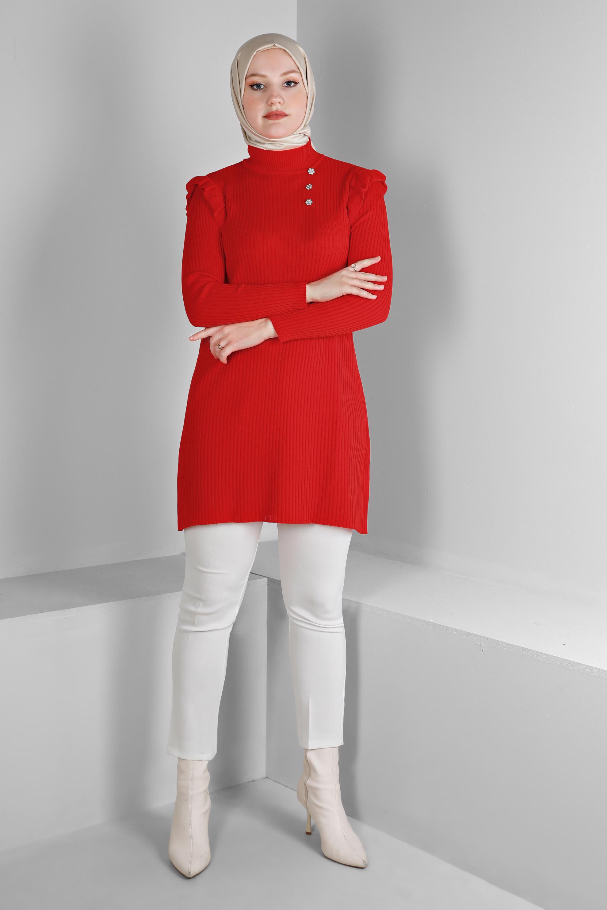 Tesettür giyim KIRMIZI TAŞLI FIRFIRLI TRİKO TUNİK 43163