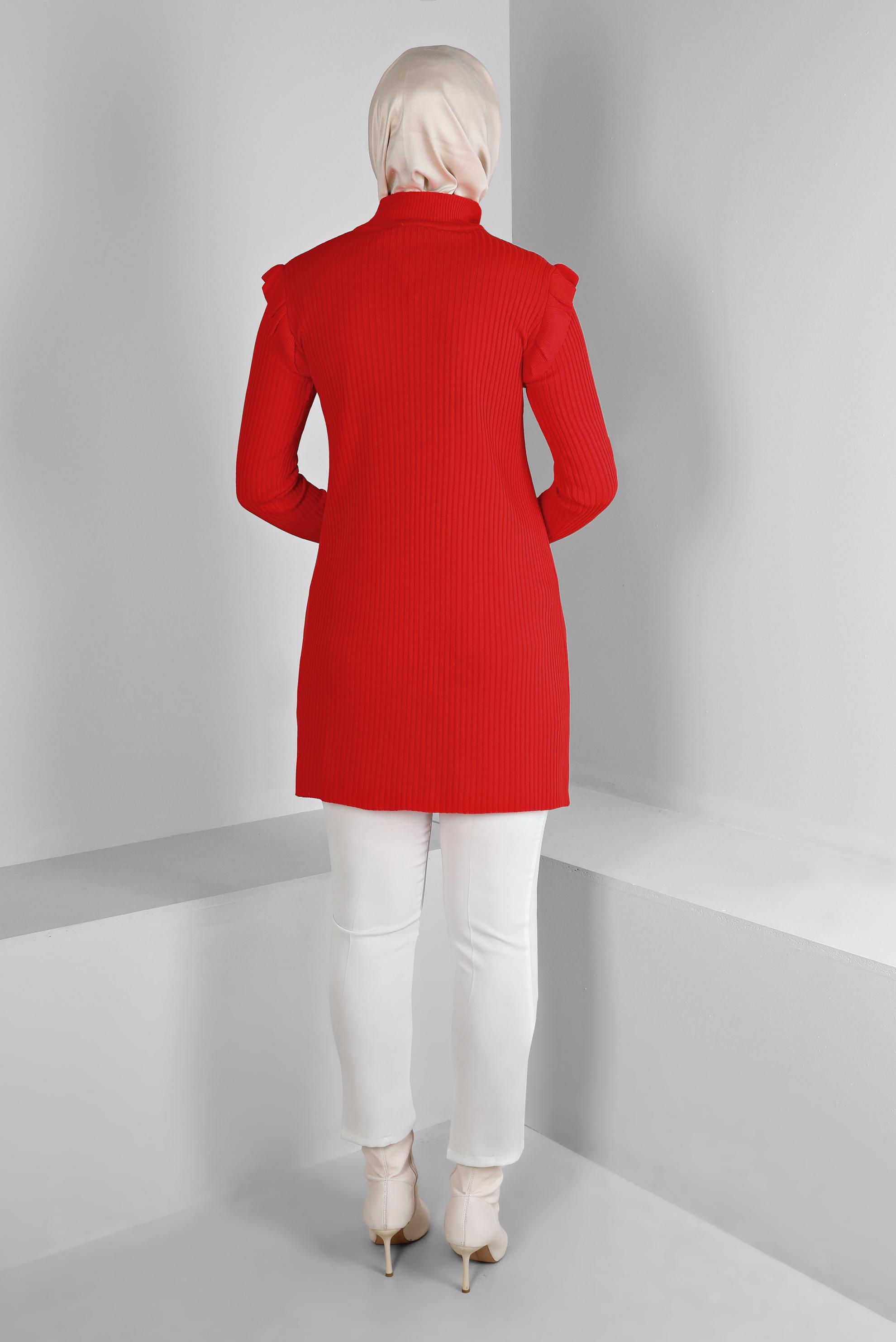 Tesettür giyim KIRMIZI TAŞLI FIRFIRLI TRİKO TUNİK 43163