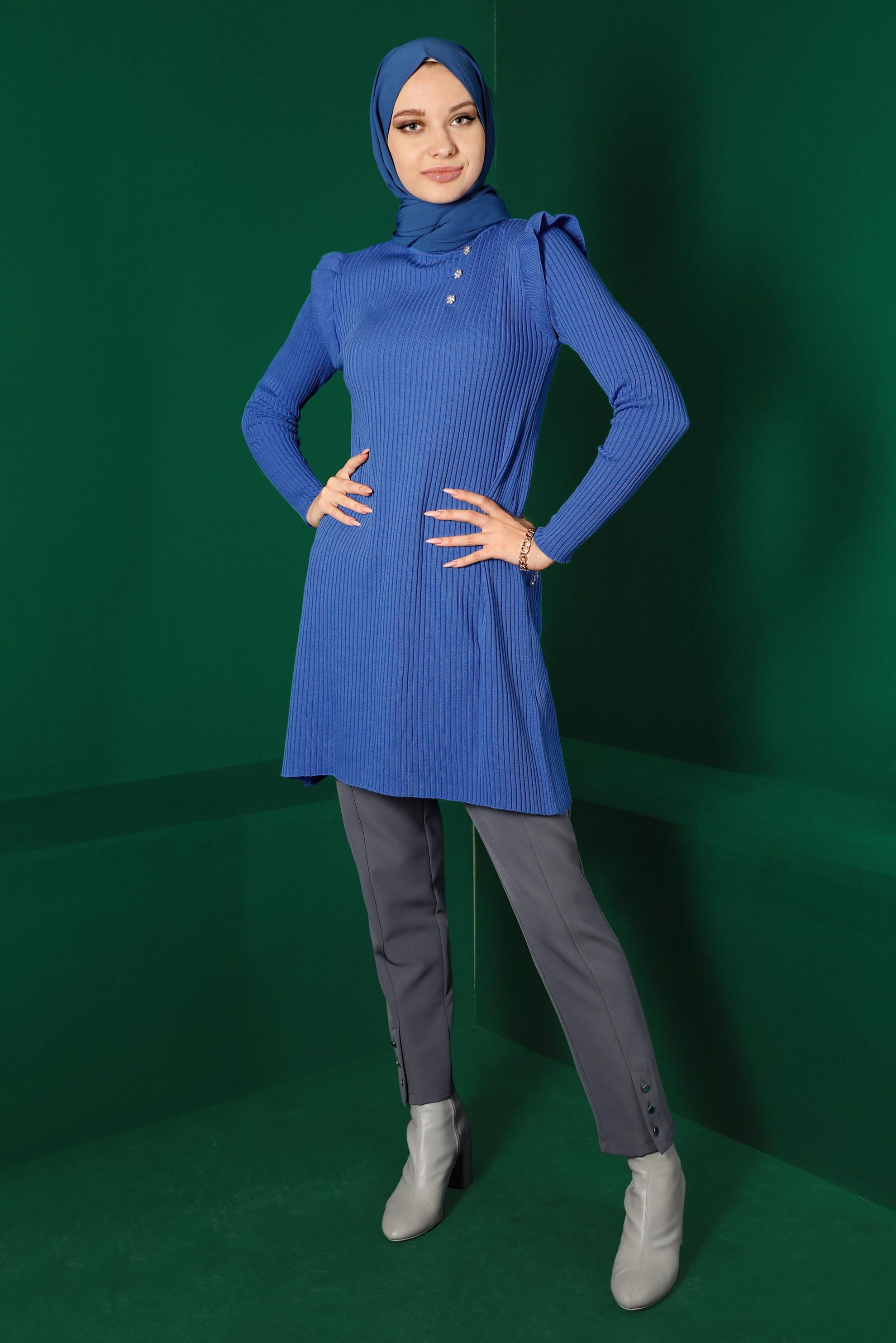 Tesettür giyim MAVİ TAŞLI FIRFIRLI TRİKO TUNİK 43163