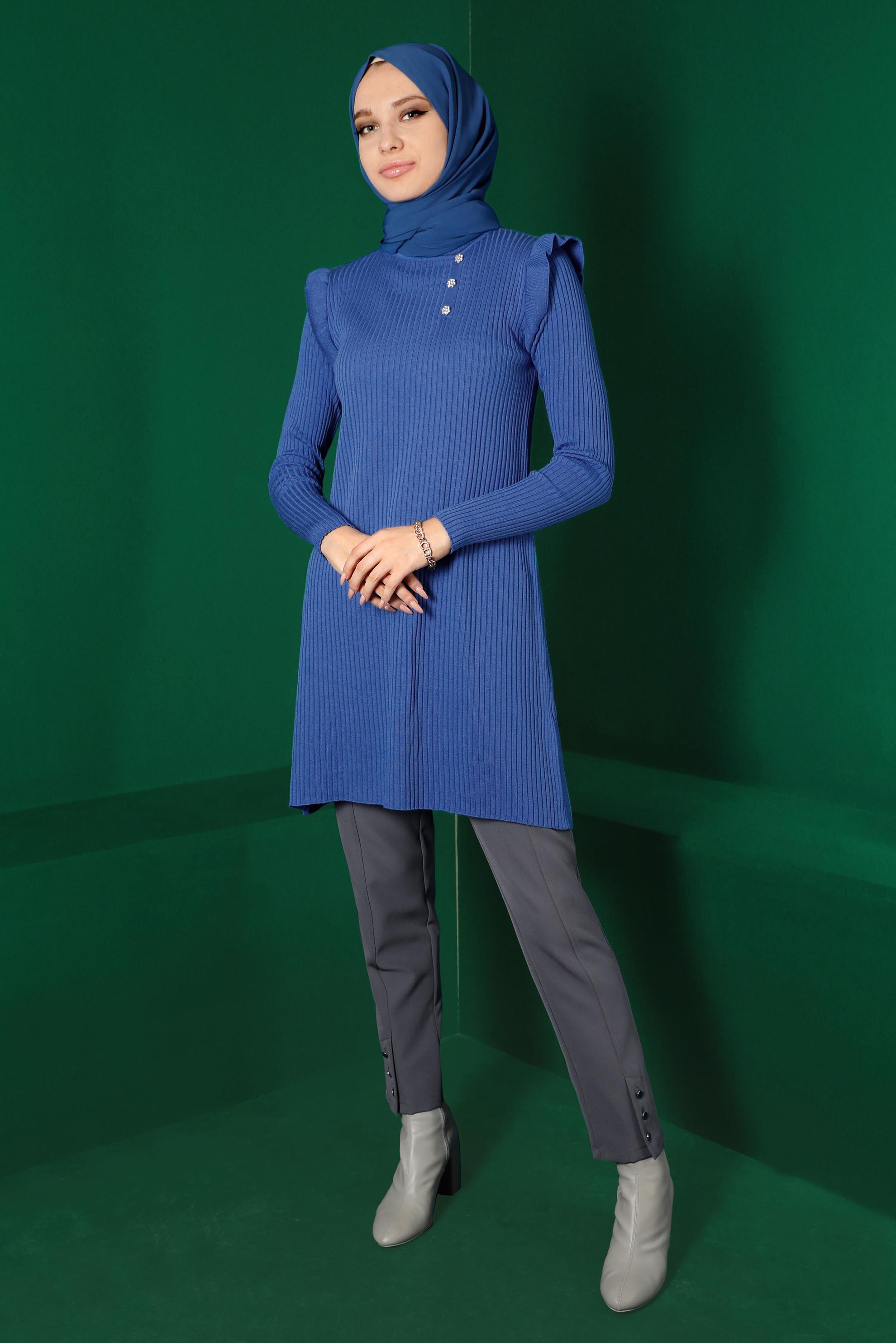Tesettür giyim MAVİ TAŞLI FIRFIRLI TRİKO TUNİK 43163