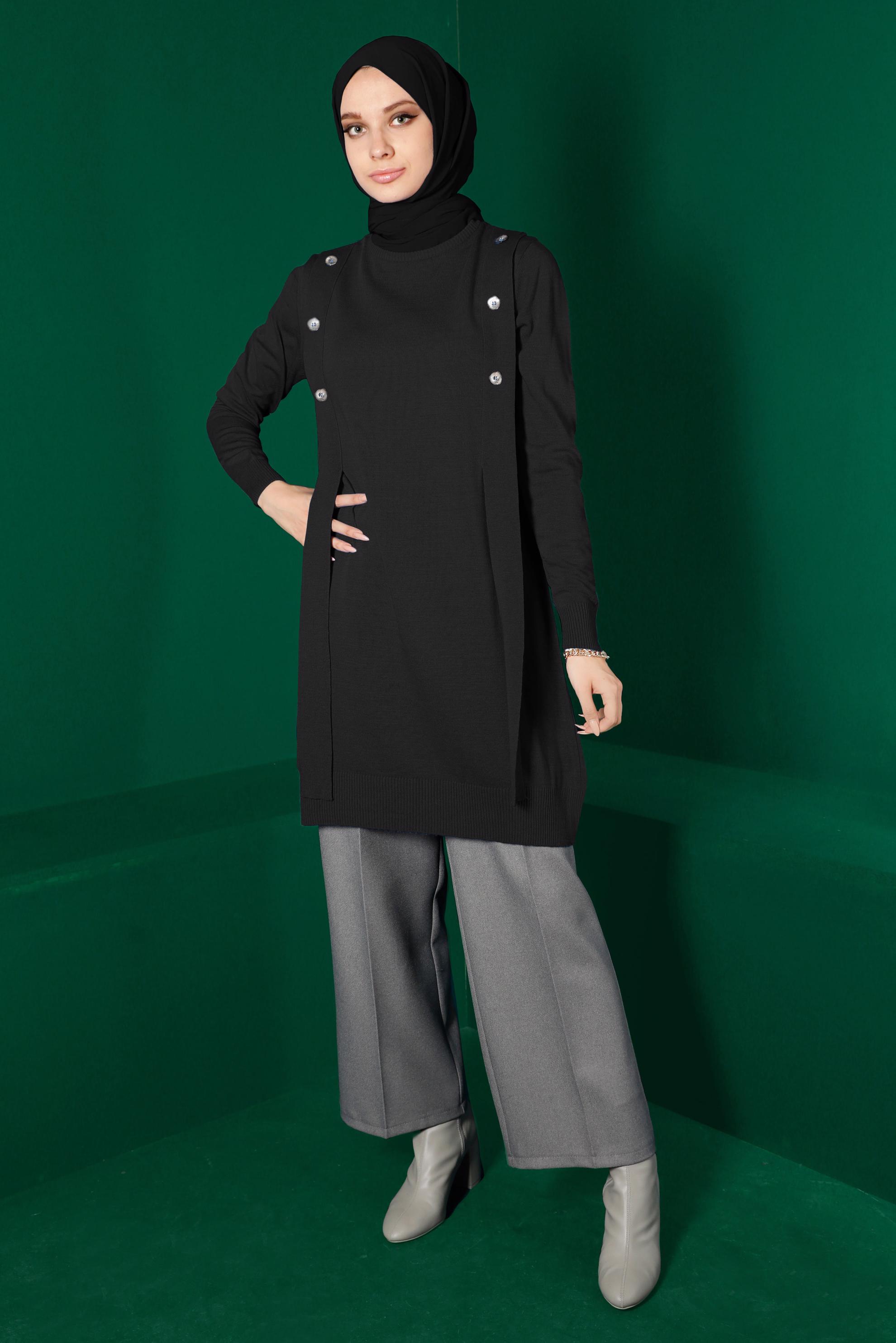 Tesettür giyim SİYAH DÜĞME DETAYLI TRİKO TUNİK 43164 