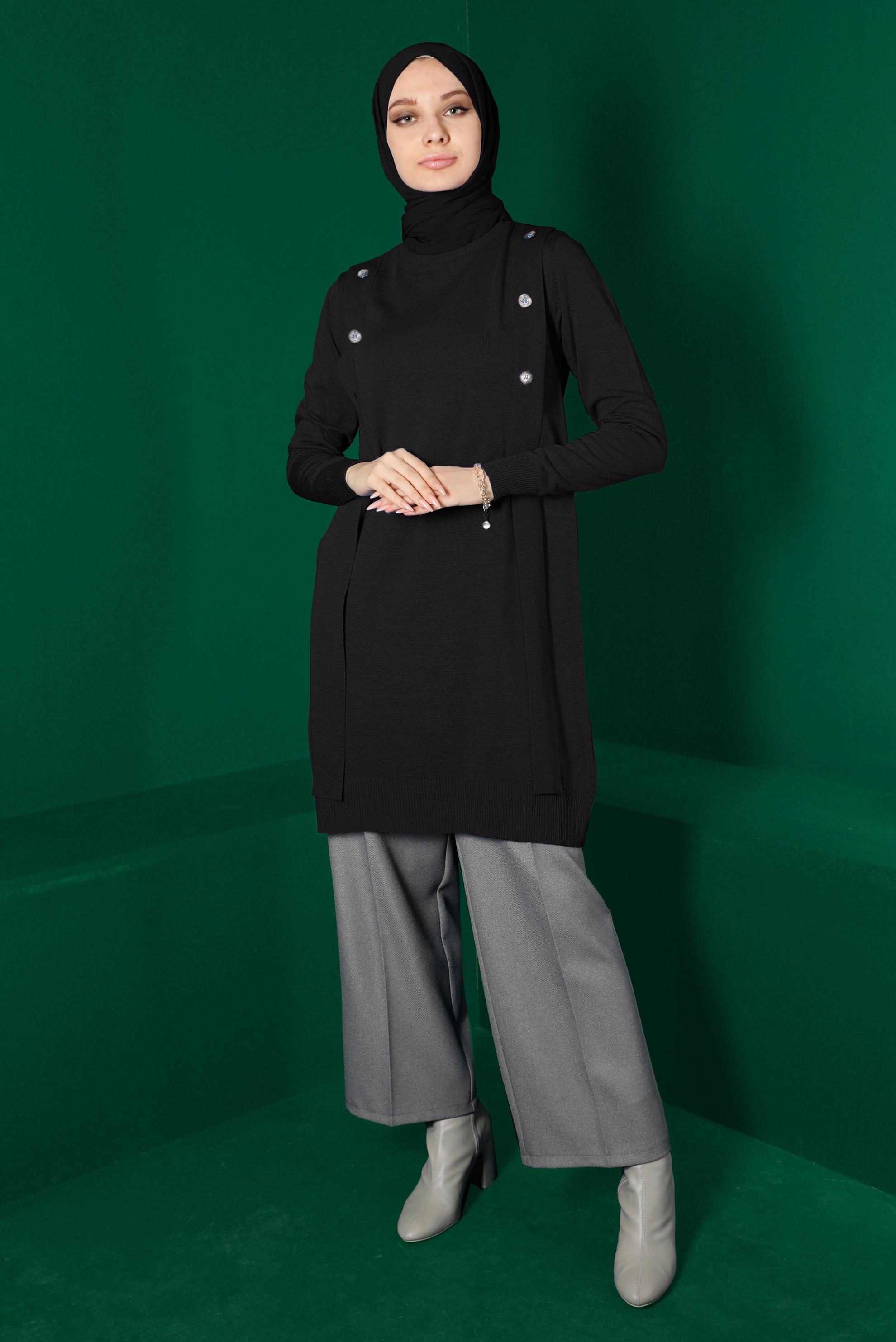 Tesettür giyim SİYAH DÜĞME DETAYLI TRİKO TUNİK 43164 
