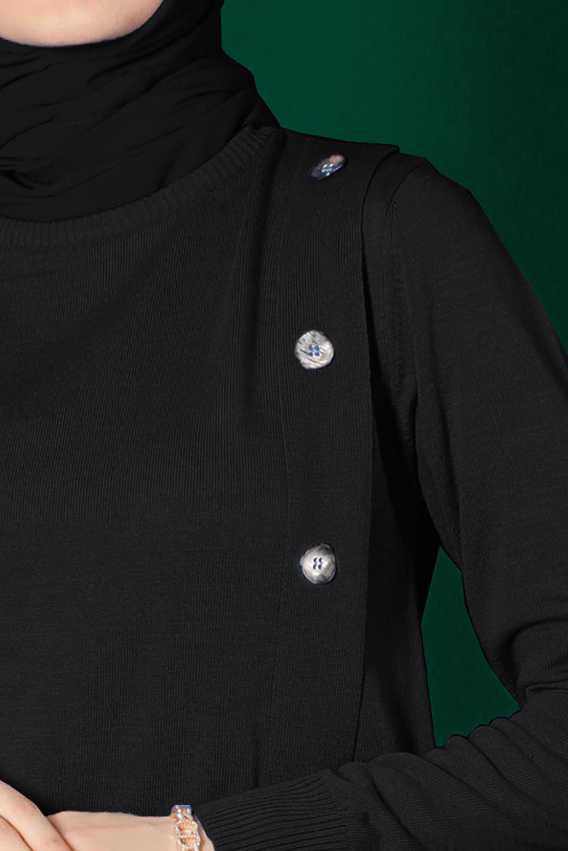 Tesettür giyim SİYAH DÜĞME DETAYLI TRİKO TUNİK 43164 