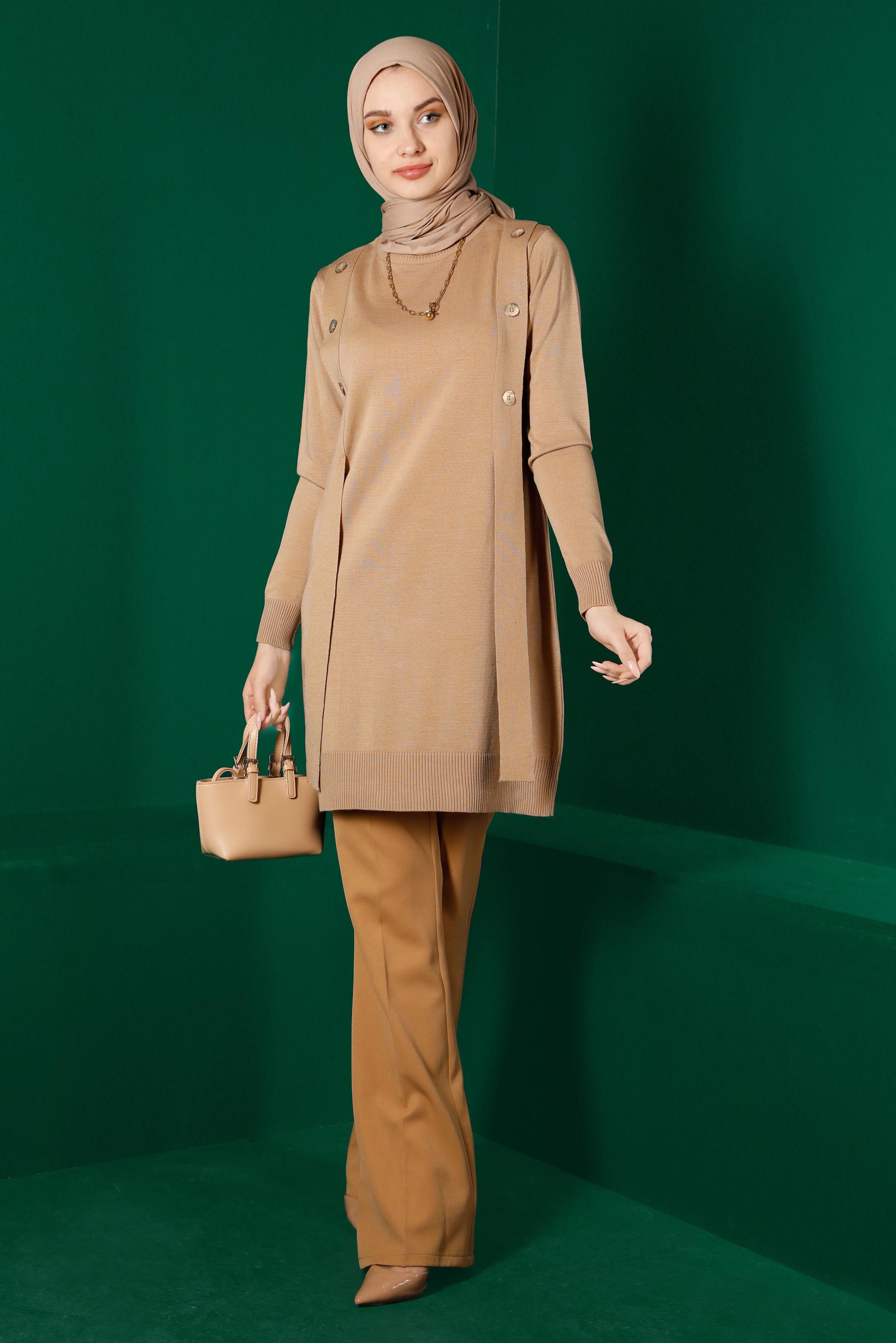 Tesettür giyim KAHVE DÜĞME DETAYLI TRİKO TUNİK 43164 