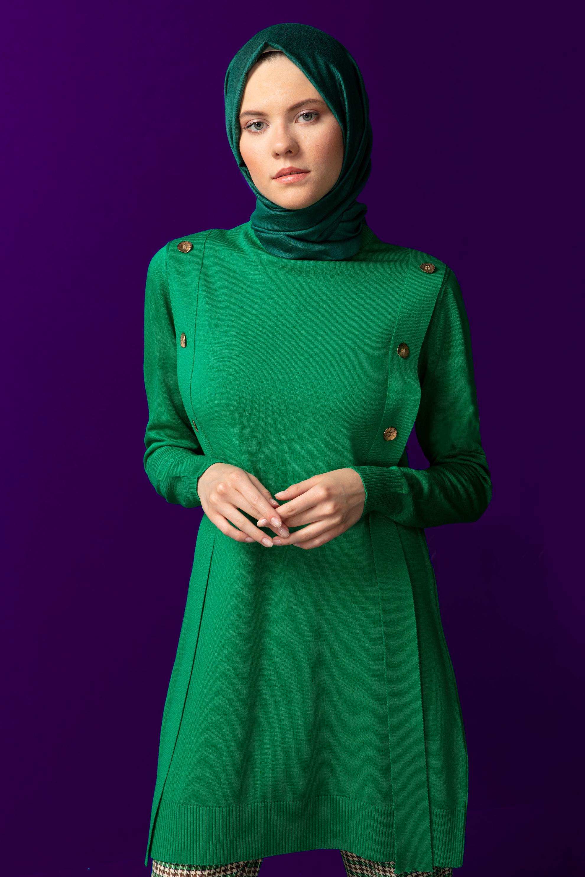 Hijab clothing GREEN BUTTON DETAIL KNITWEAR TUNIC 43164 