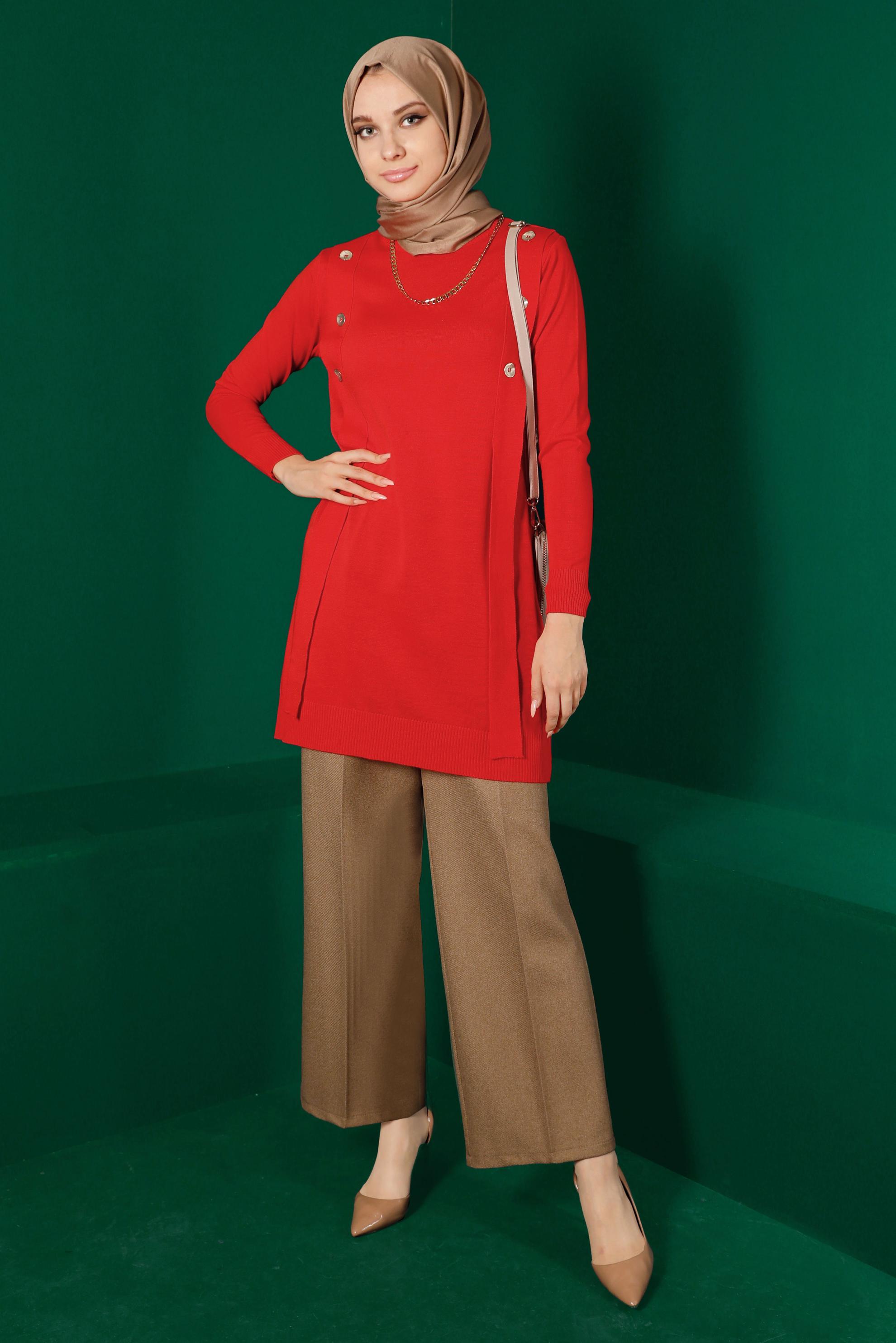 Tesettür giyim KIRMIZI DÜĞME DETAYLI TRİKO TUNİK 43164 