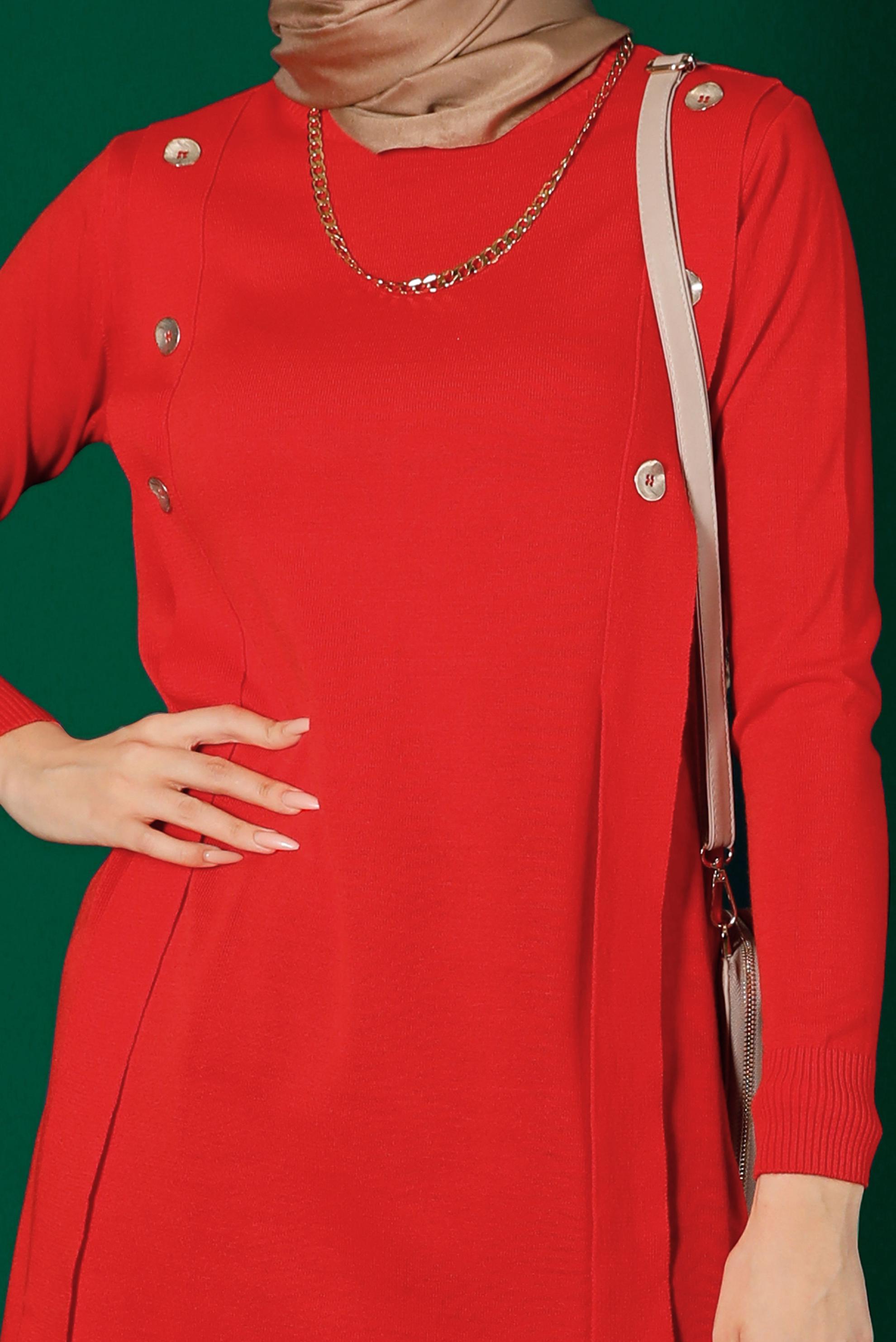 Tesettür giyim KIRMIZI DÜĞME DETAYLI TRİKO TUNİK 43164 