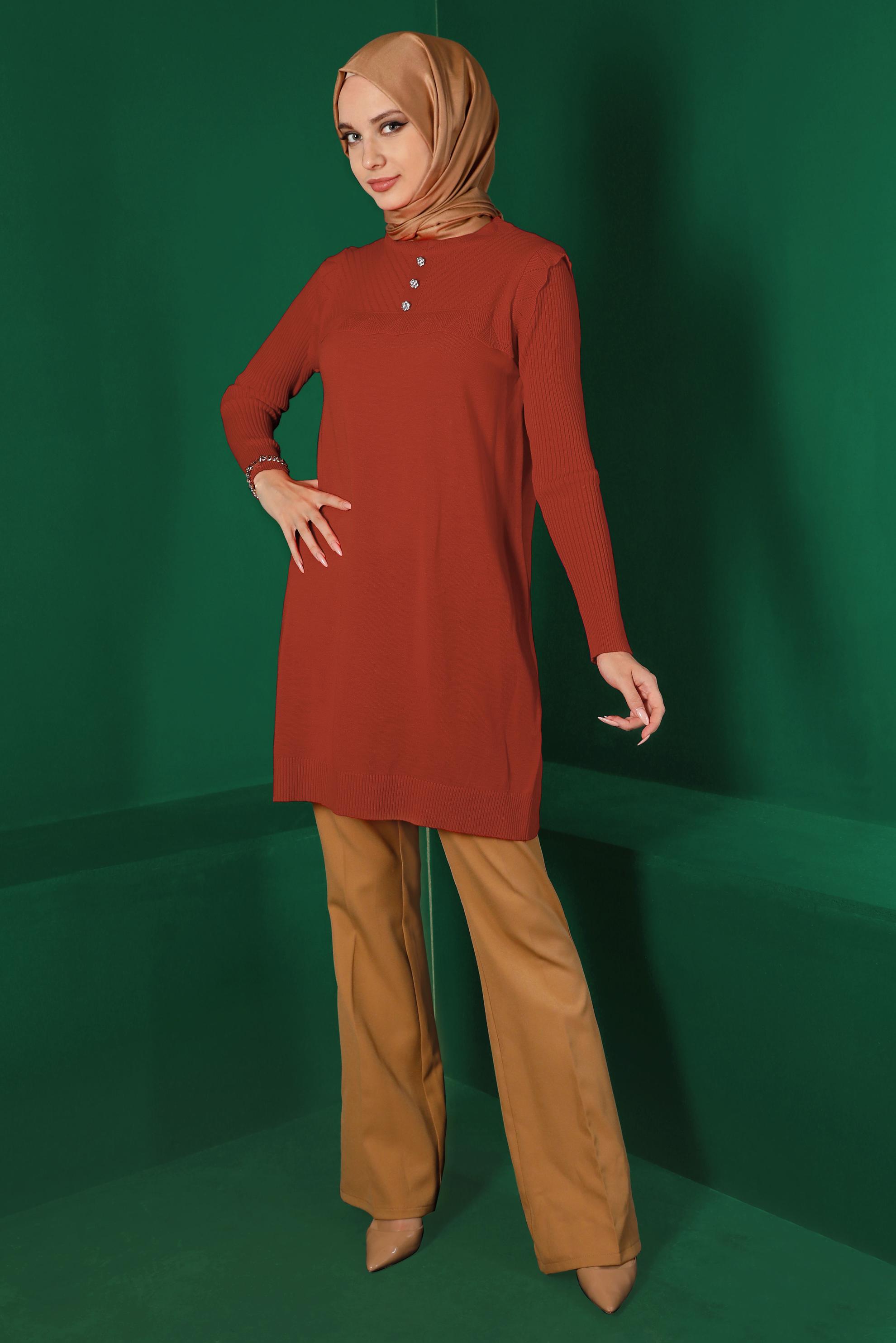 Tesettür giyim TURUNCU TAŞ DETAYLI TRİKO TUNİK 43165 