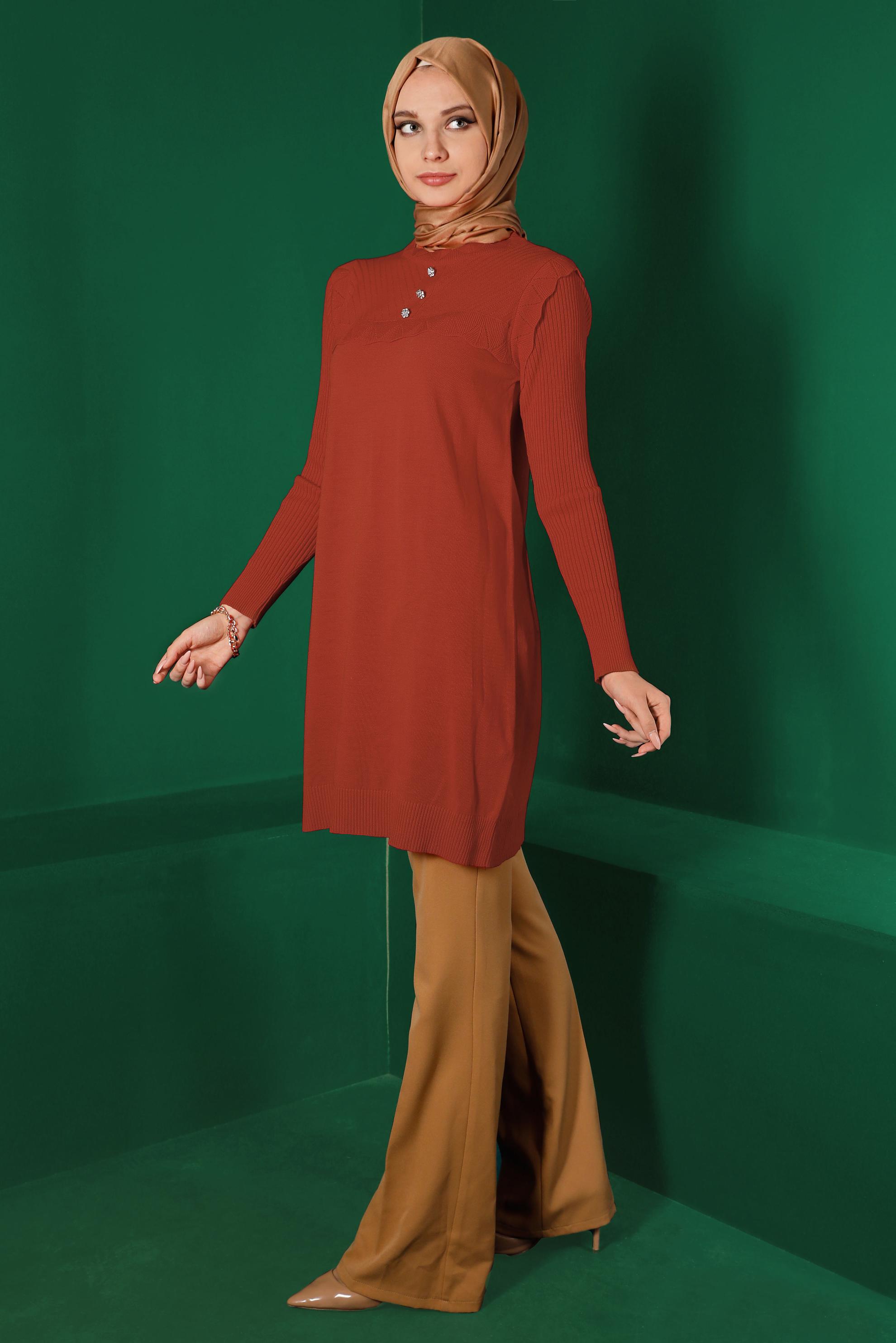 Tesettür giyim TURUNCU TAŞ DETAYLI TRİKO TUNİK 43165 