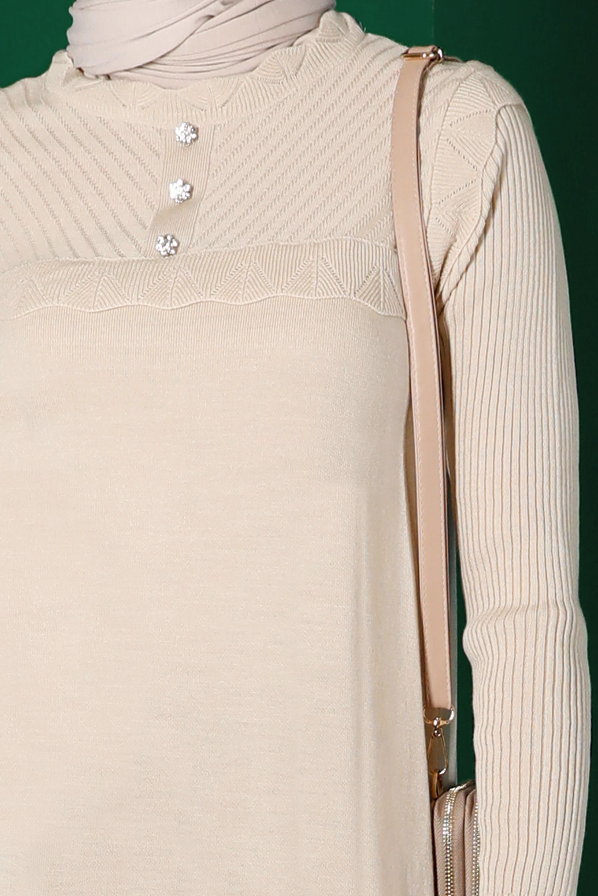 Tesettür giyim BEJ TAŞ DETAYLI TRİKO TUNİK 43165 