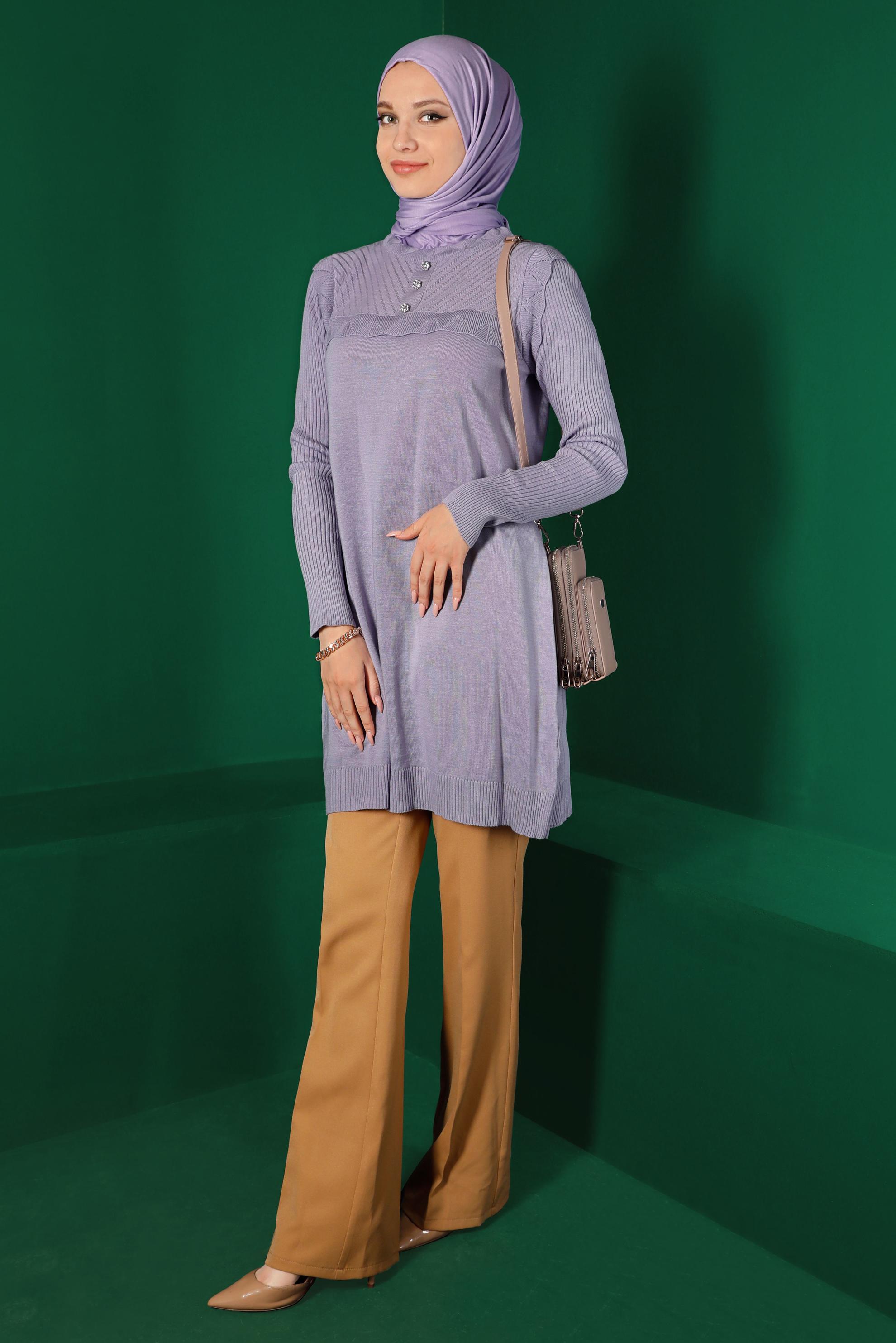 Tesettür giyim MOR TAŞ DETAYLI TRİKO TUNİK 43165 