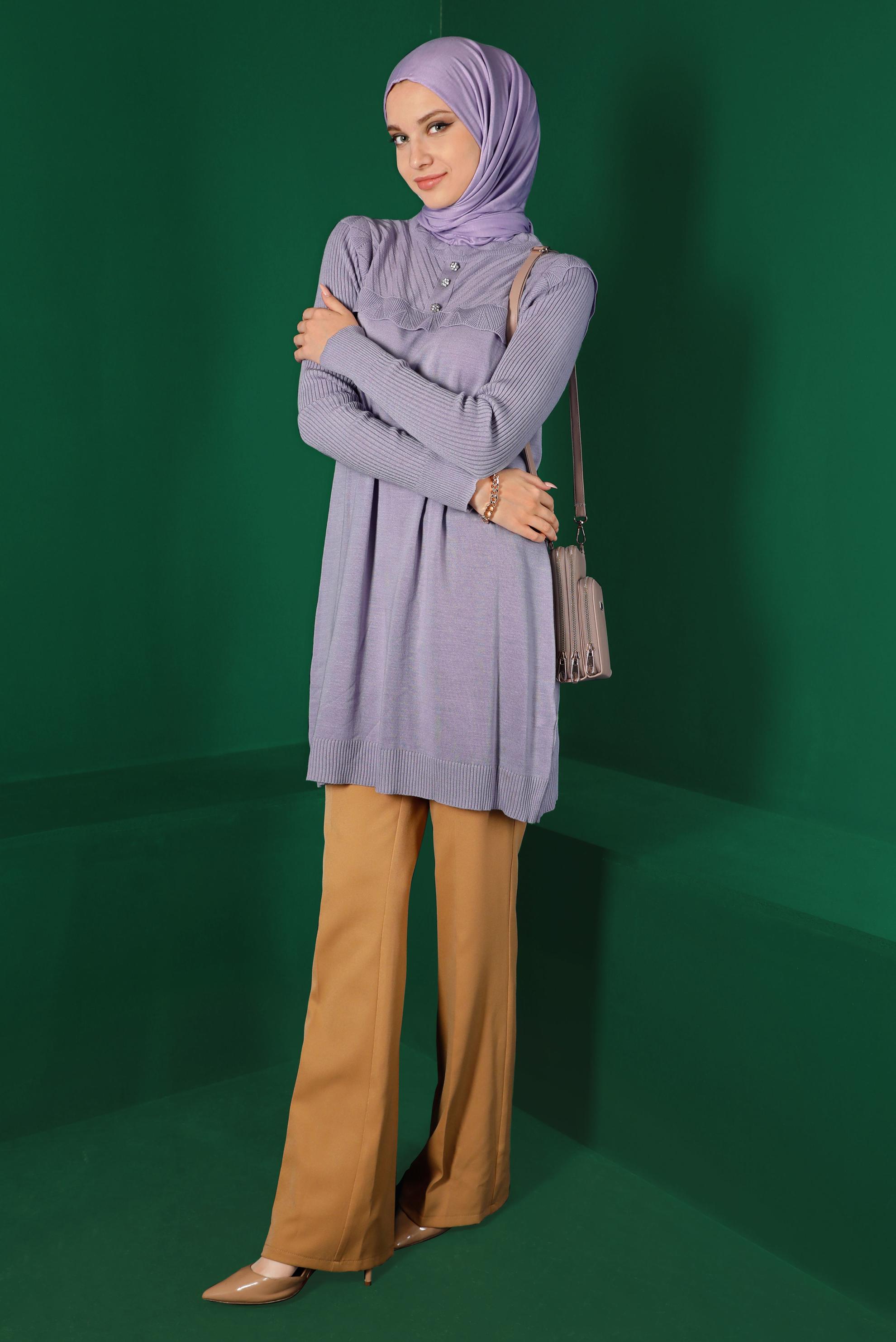 Tesettür giyim MOR TAŞ DETAYLI TRİKO TUNİK 43165 