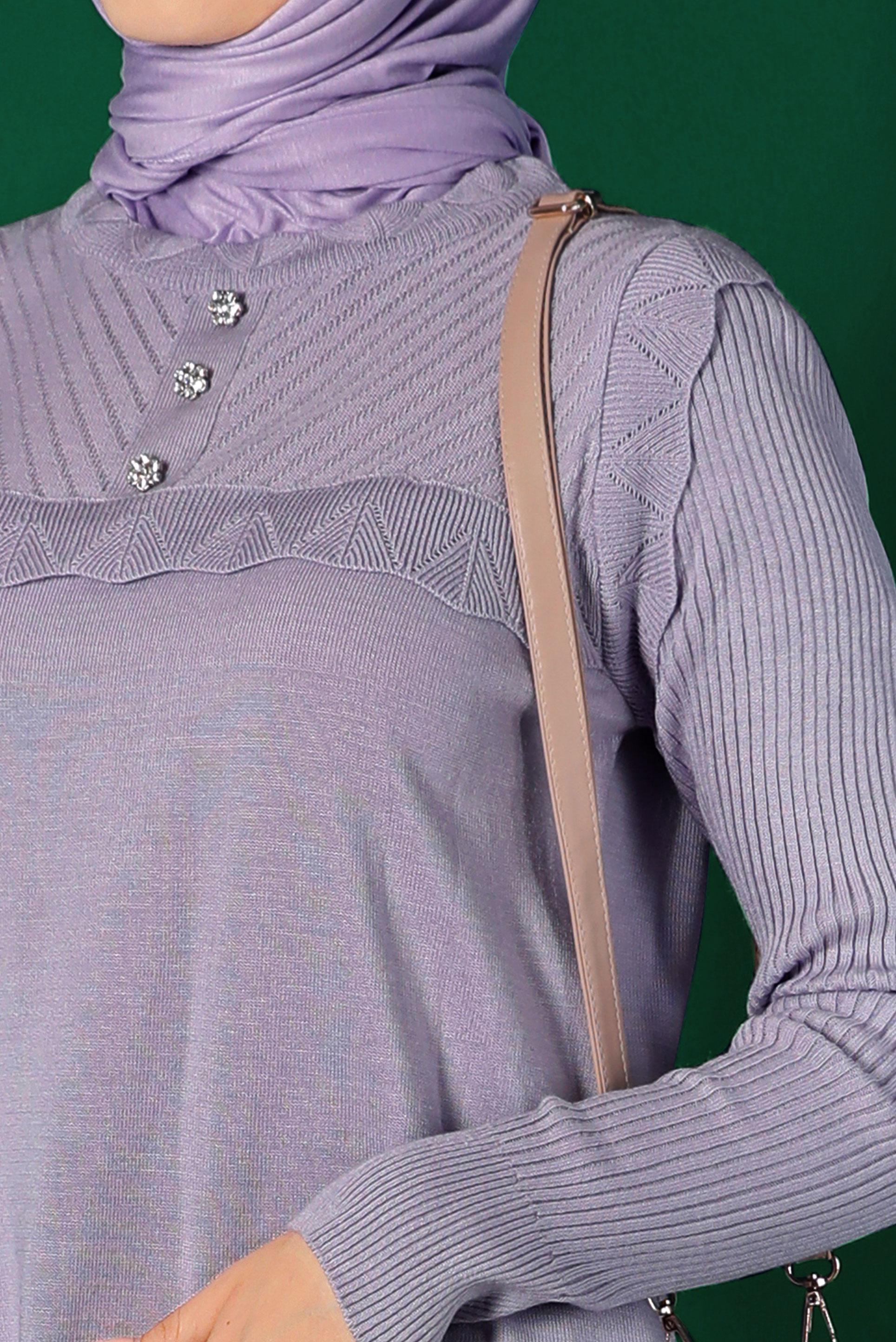 Tesettür giyim MOR TAŞ DETAYLI TRİKO TUNİK 43165 