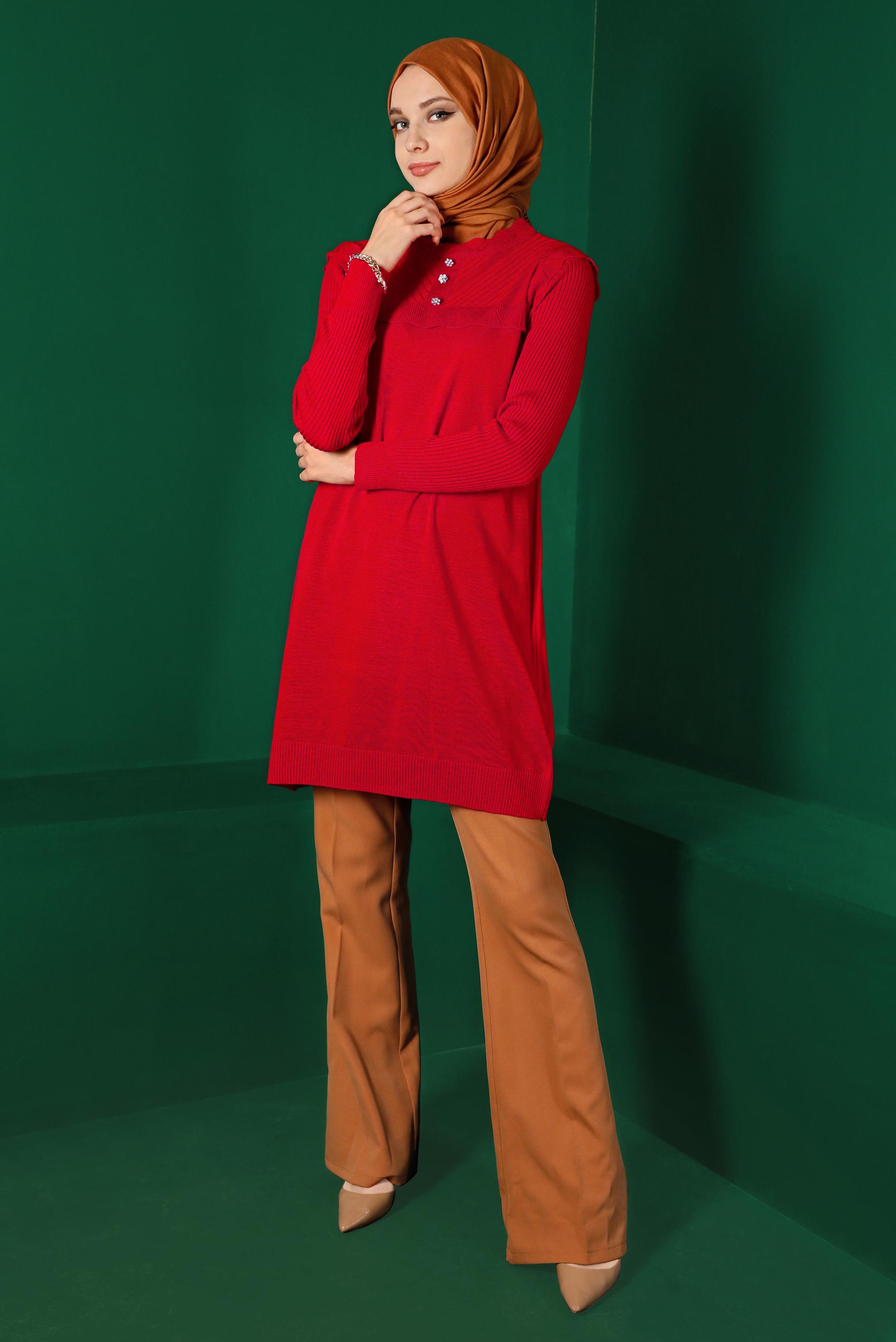 Tesettür giyim KIRMIZI TAŞ DETAYLI TRİKO TUNİK 43165 