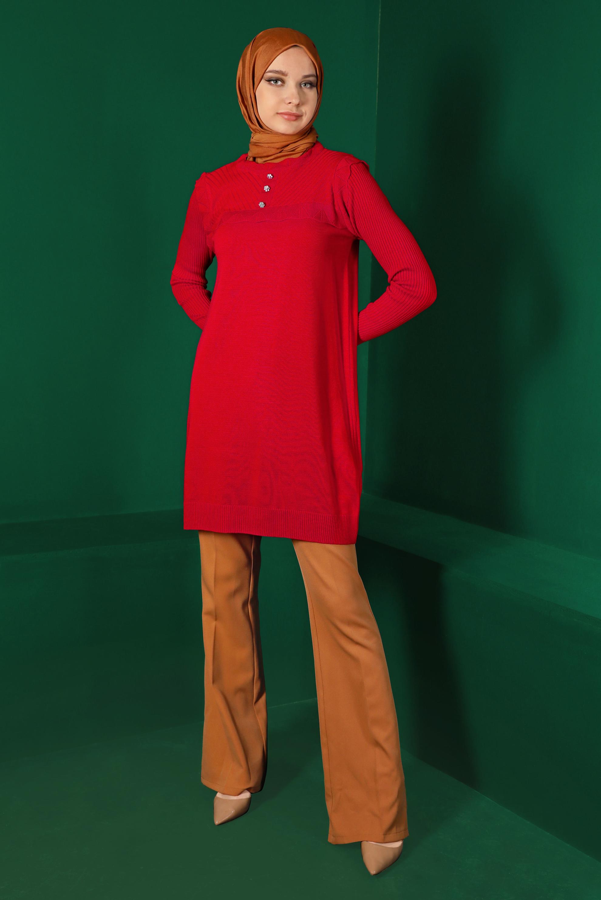 Tesettür giyim KIRMIZI TAŞ DETAYLI TRİKO TUNİK 43165 