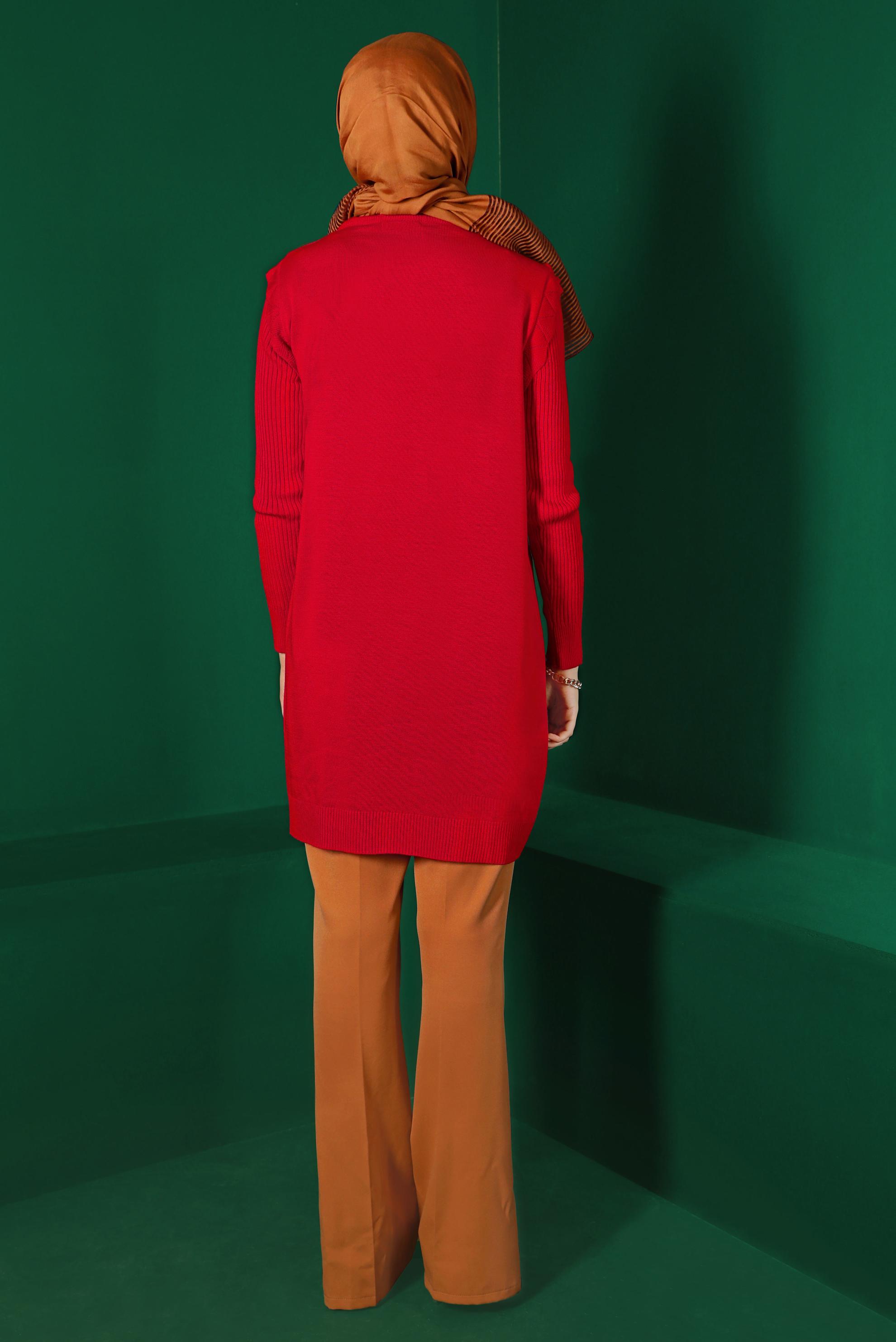 Tesettür giyim KIRMIZI TAŞ DETAYLI TRİKO TUNİK 43165 