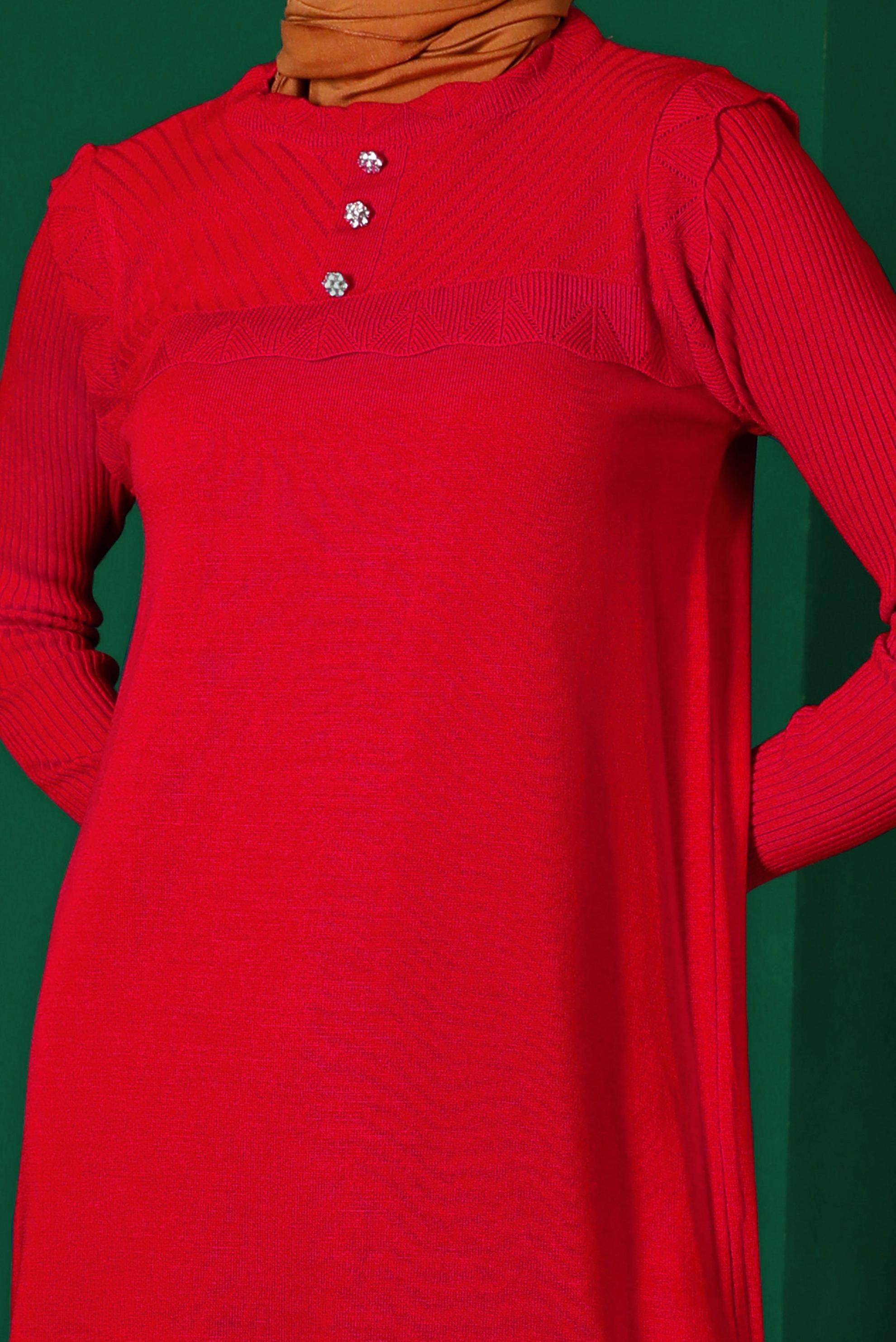 Tesettür giyim KIRMIZI TAŞ DETAYLI TRİKO TUNİK 43165 