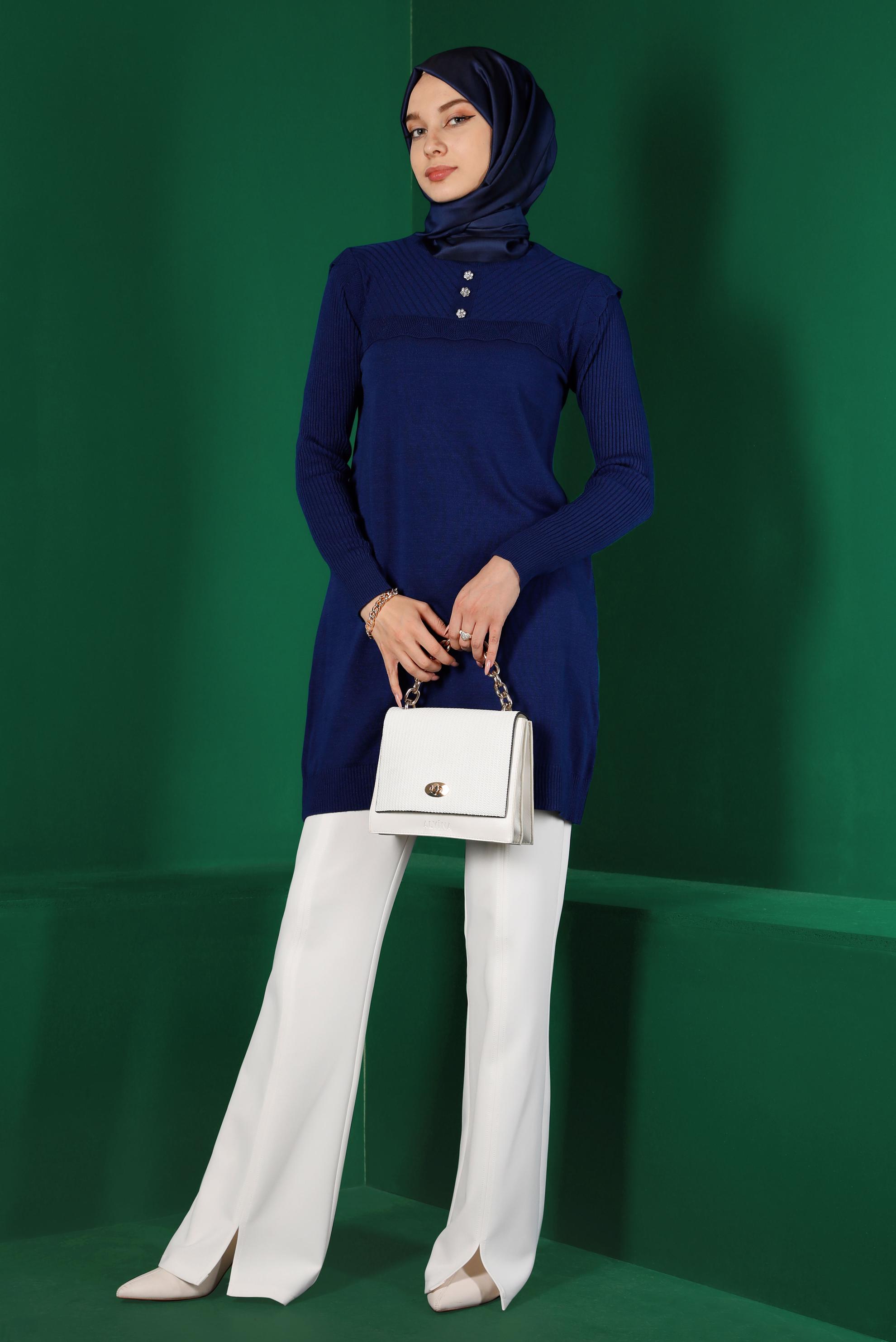 Tesettür giyim MAVİ TAŞ DETAYLI TRİKO TUNİK 43165 