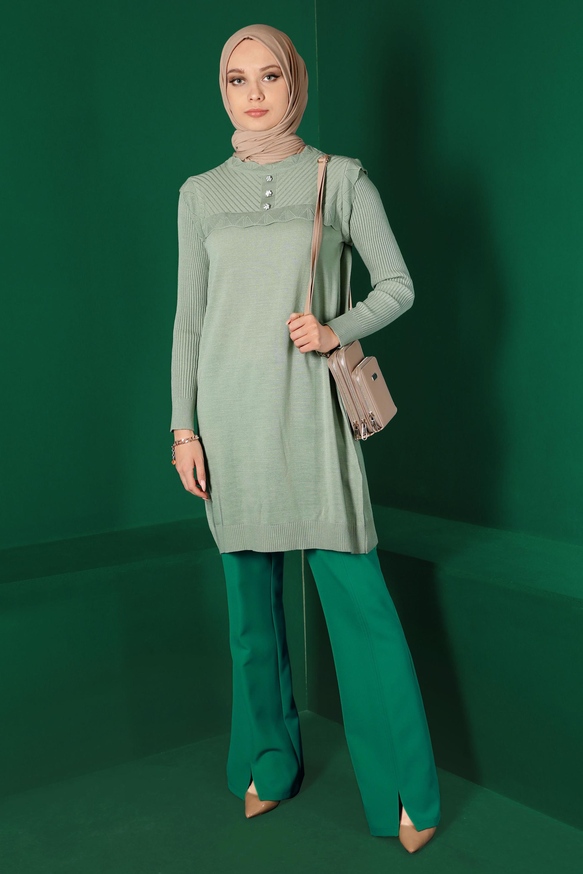 Tesettür giyim YEŞİL TAŞ DETAYLI TRİKO TUNİK 43165 