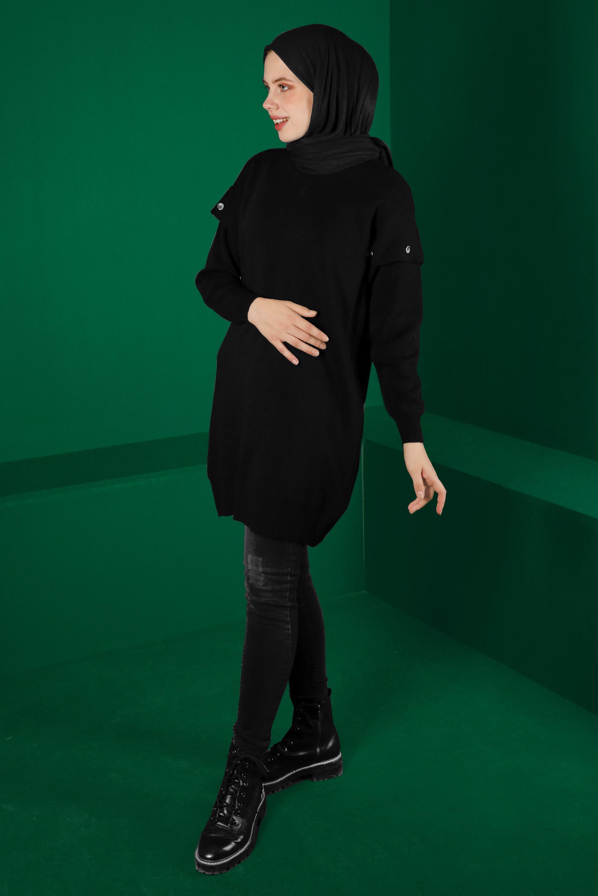 Tesettür giyim SİYAH DÜĞME DETAYLI TRİKO TUNİK 43166