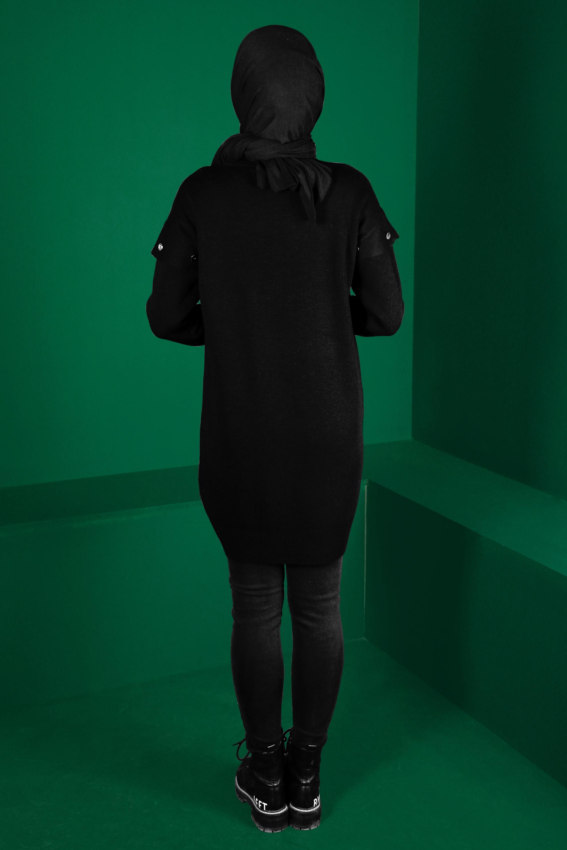 Tesettür giyim SİYAH DÜĞME DETAYLI TRİKO TUNİK 43166