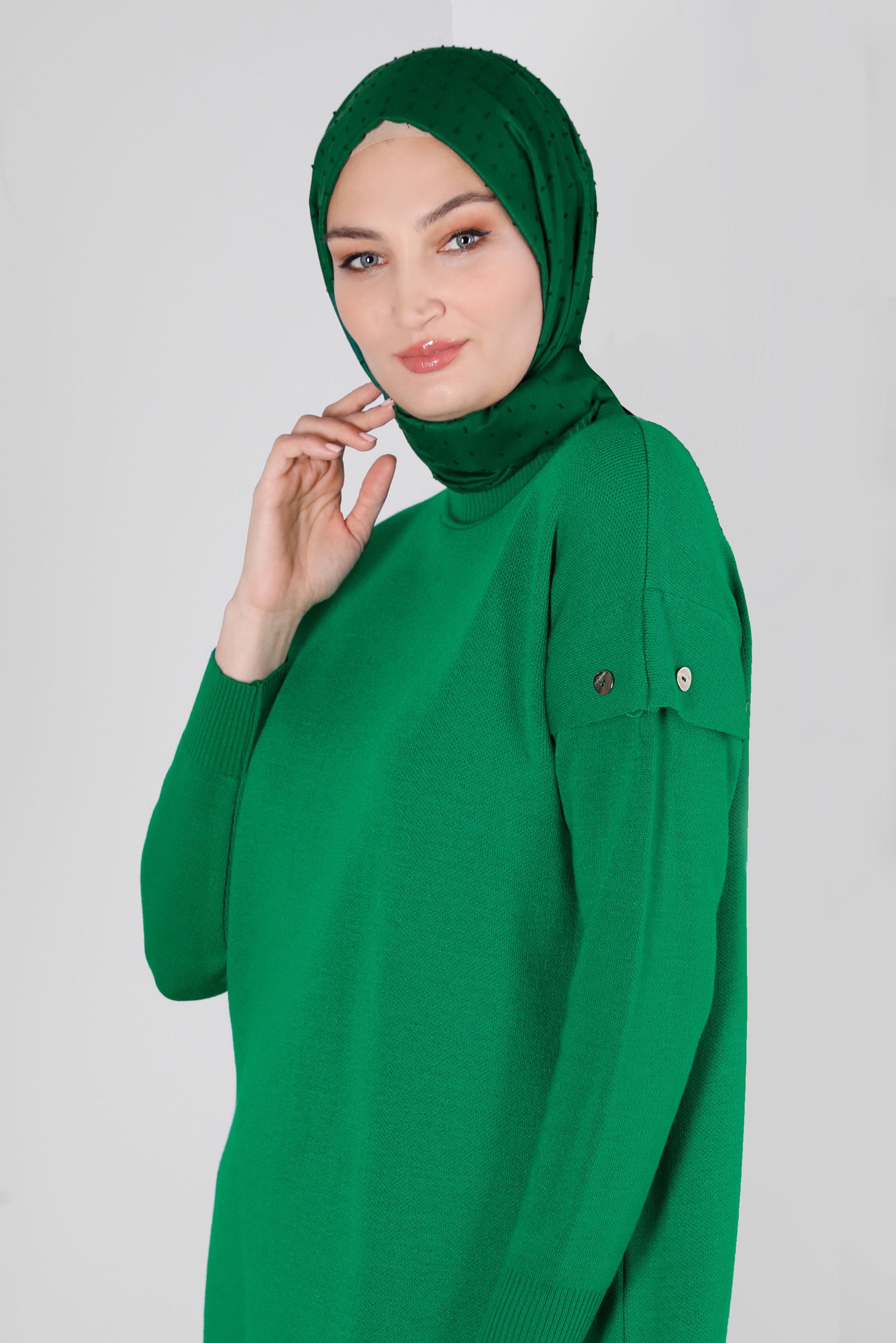 Tesettür giyim YEŞİL DÜĞME DETAYLI TRİKO TUNİK 43166