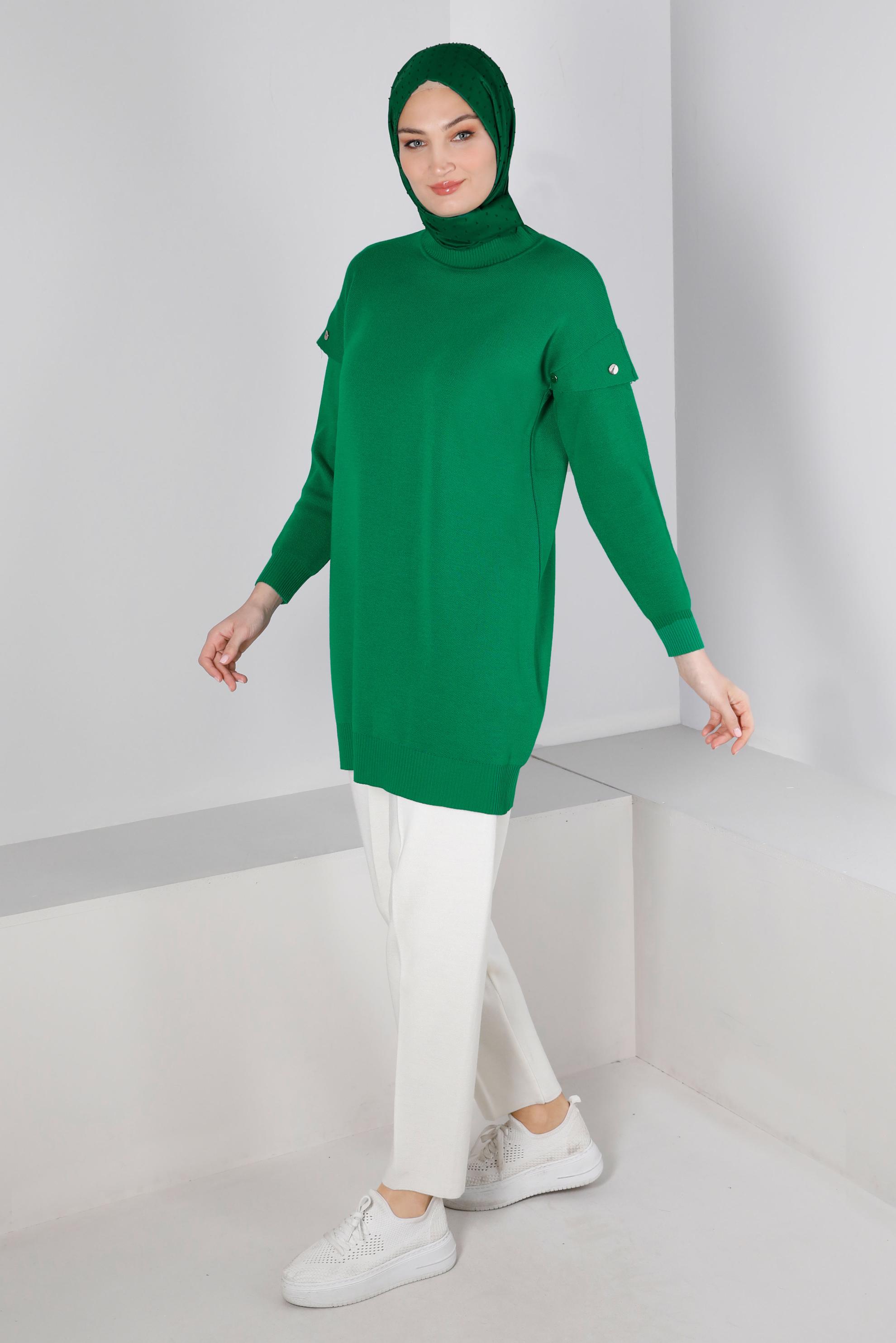 Tesettür giyim YEŞİL DÜĞME DETAYLI TRİKO TUNİK 43166