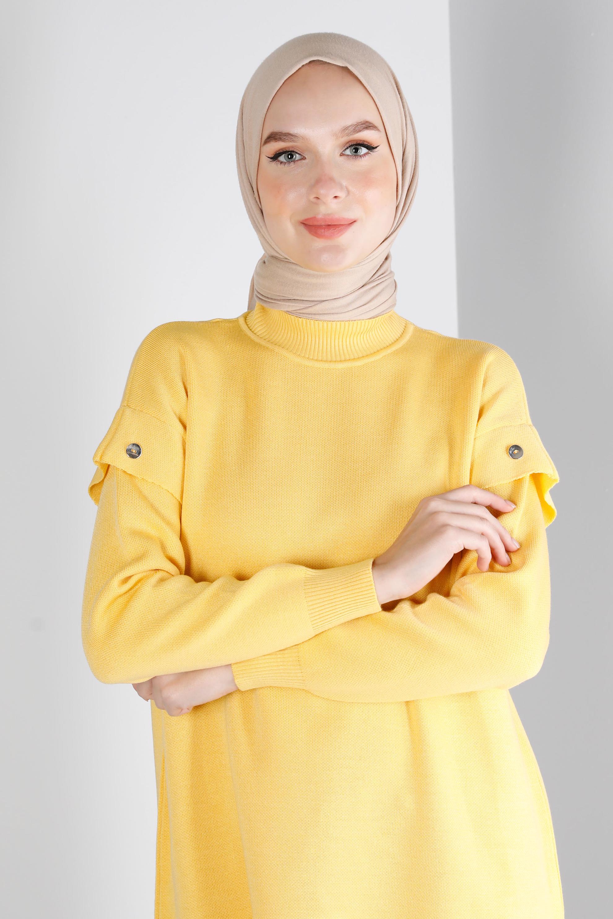 Tesettür giyim SARI DÜĞME DETAYLI TRİKO TUNİK 43166
