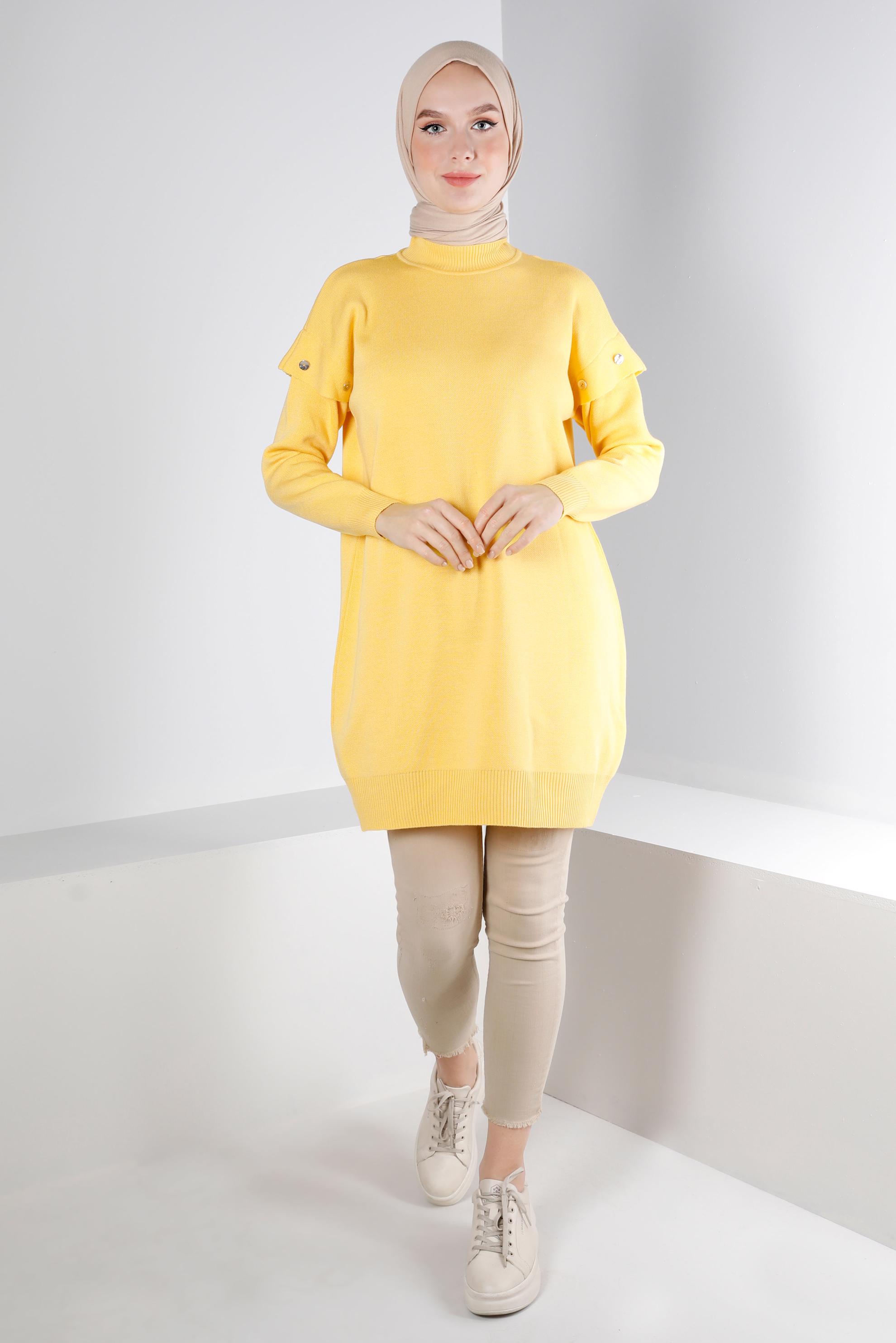 Tesettür giyim SARI DÜĞME DETAYLI TRİKO TUNİK 43166