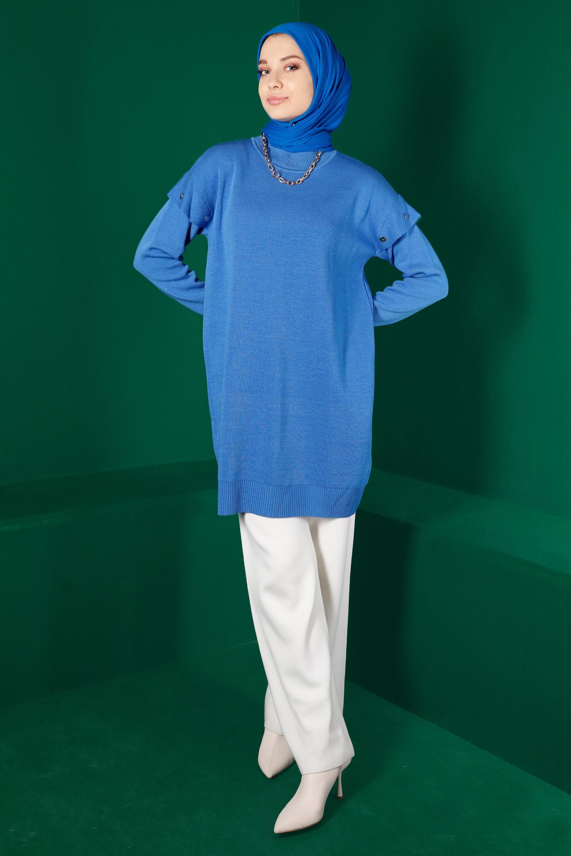 Tesettür giyim MAVİ DÜĞME DETAYLI TRİKO TUNİK 43166