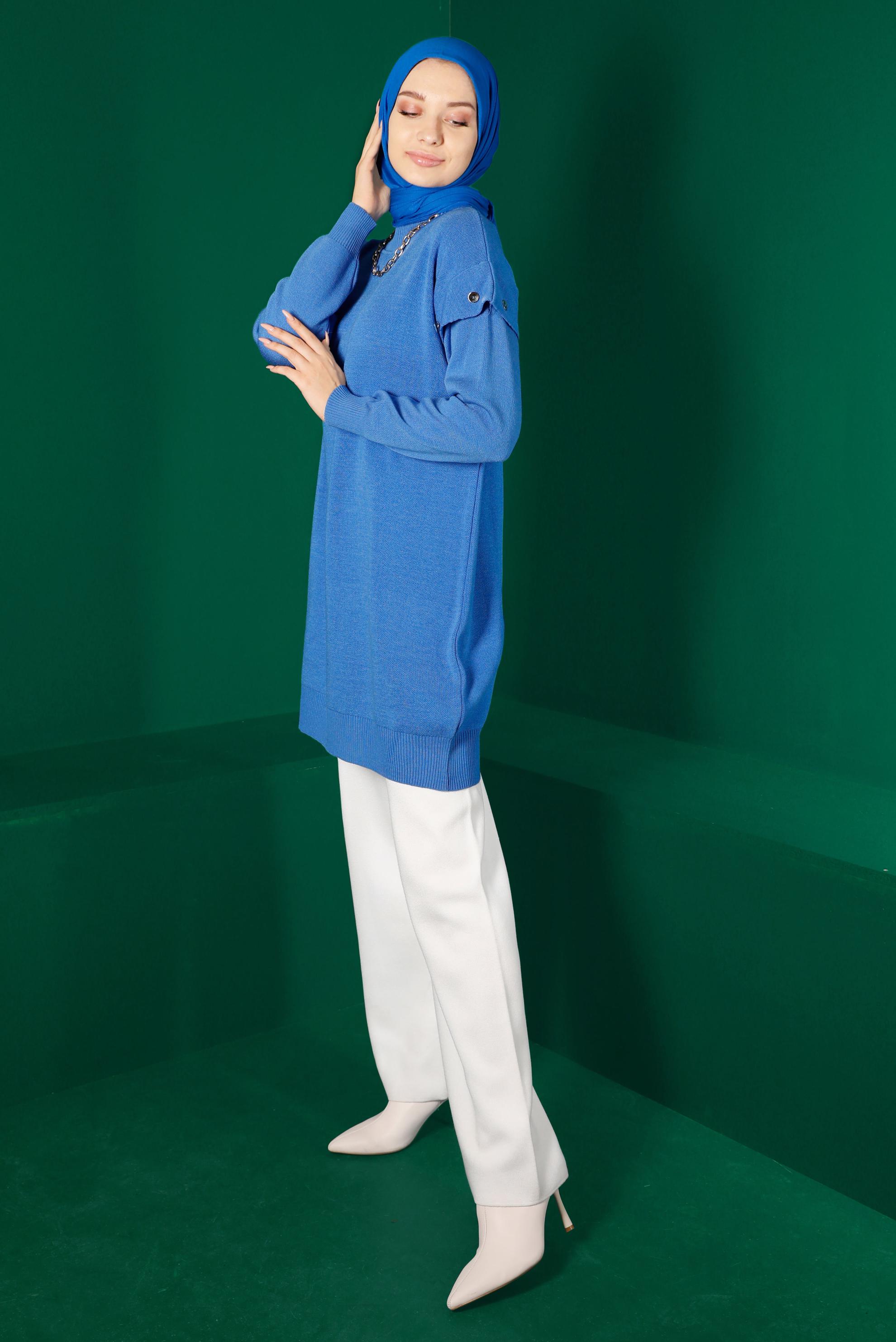 Tesettür giyim MAVİ DÜĞME DETAYLI TRİKO TUNİK 43166