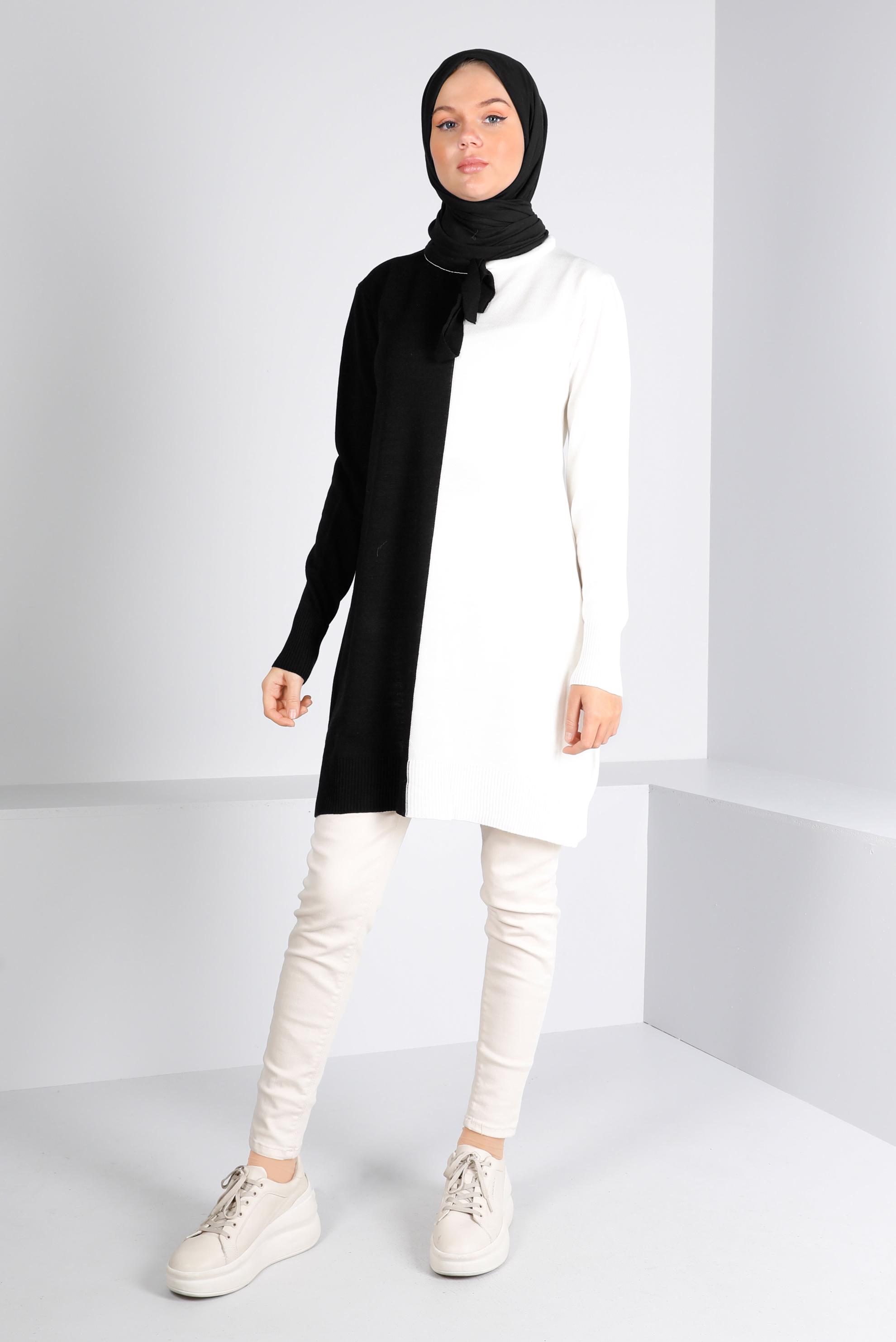 Tesettür giyim SİYAH BAĞLAMA DETAYLI İKİ RENKLİ TRİKO TUNİK 43167